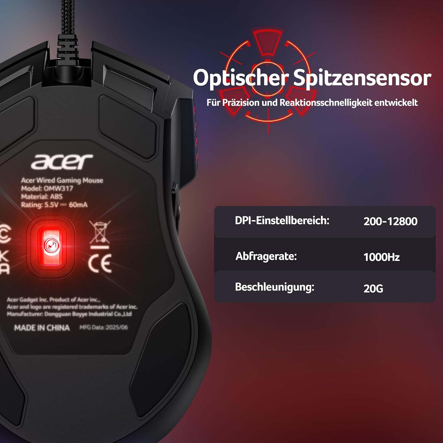 Thumbnail 1 de Acer Gaming Maus mit Kabel (12800 DPI) – 8 programmierbare Tasten, 1000 Hz & RGB