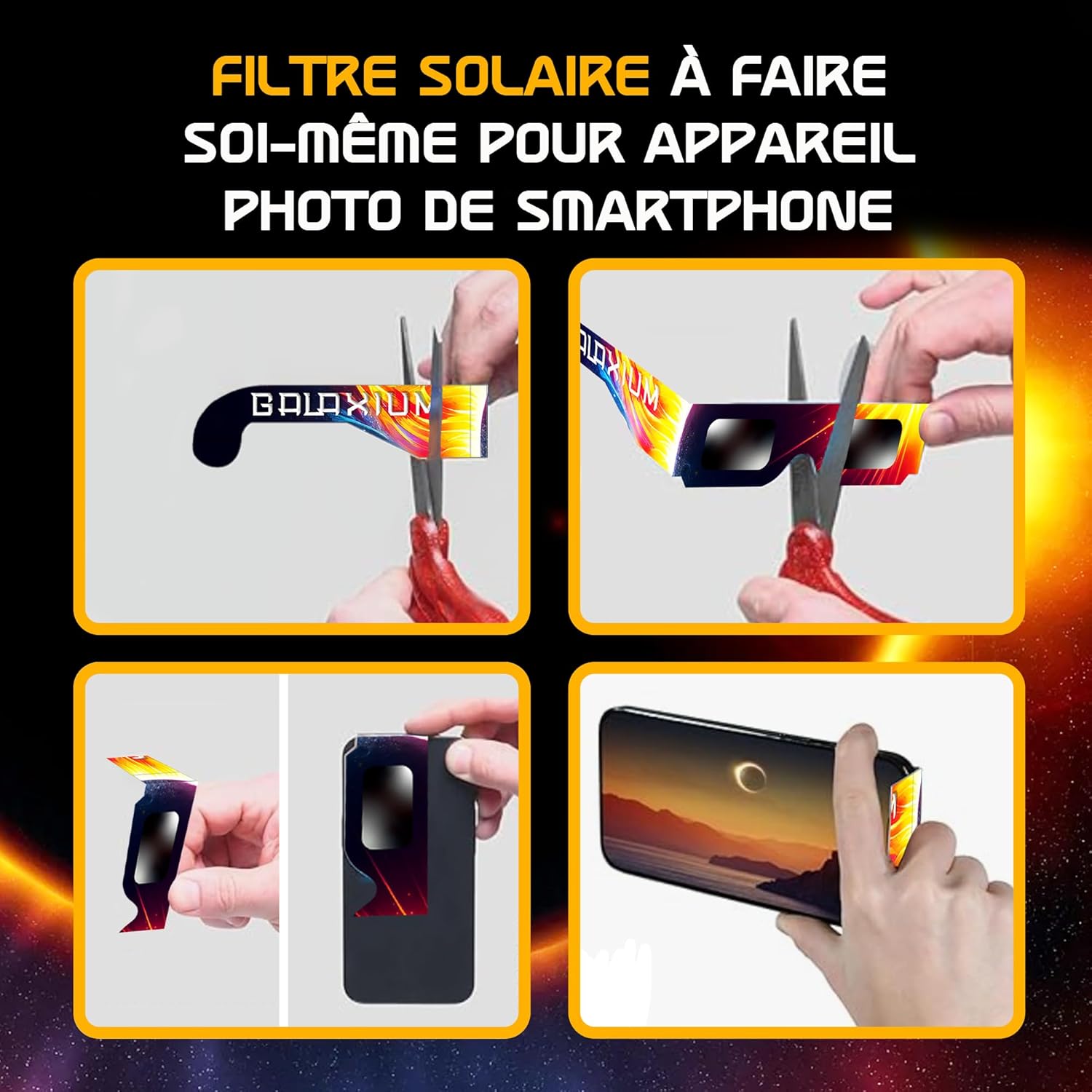 Detalle 2 de Lunettes d’éclipse solaire Galaxium (lot de 25) homologuées AAS 2026, certifiées ISO 12312-2 et CE