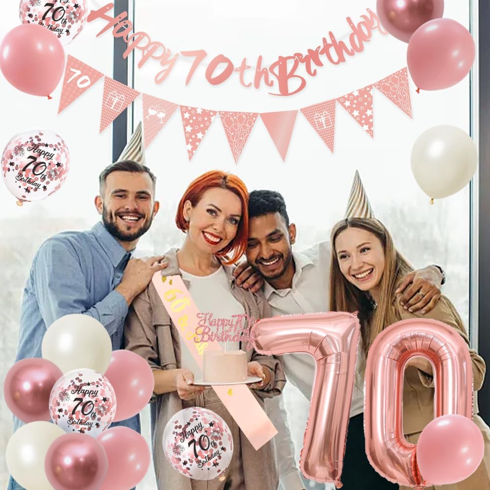 Thumbnail 6 de 70th Birthday Decorations Retro Pink & Rose Gold Set (Double Digits) for Women & Girls