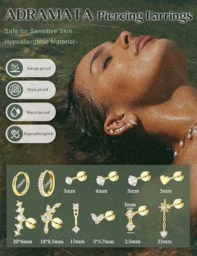Thumbnail 3 de ADRAMATA Flat Back Stud Earrings for Women – Hypoallergenic 316L Steel with 18K Gold Plating (Hoop & Stud Set)