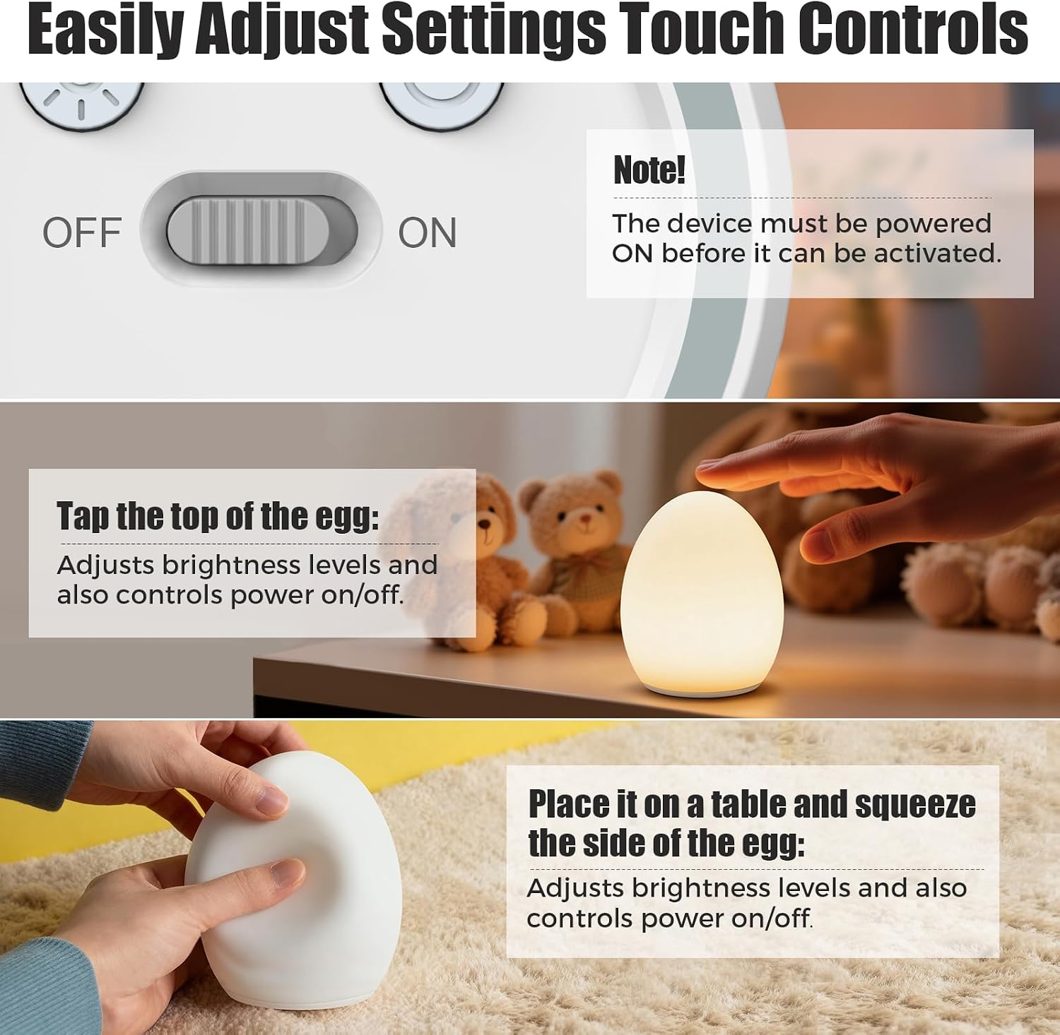 Detalle de Harmobub Silicone Egg Night Light, 11 Colors, Touch Control, USB-C Charging