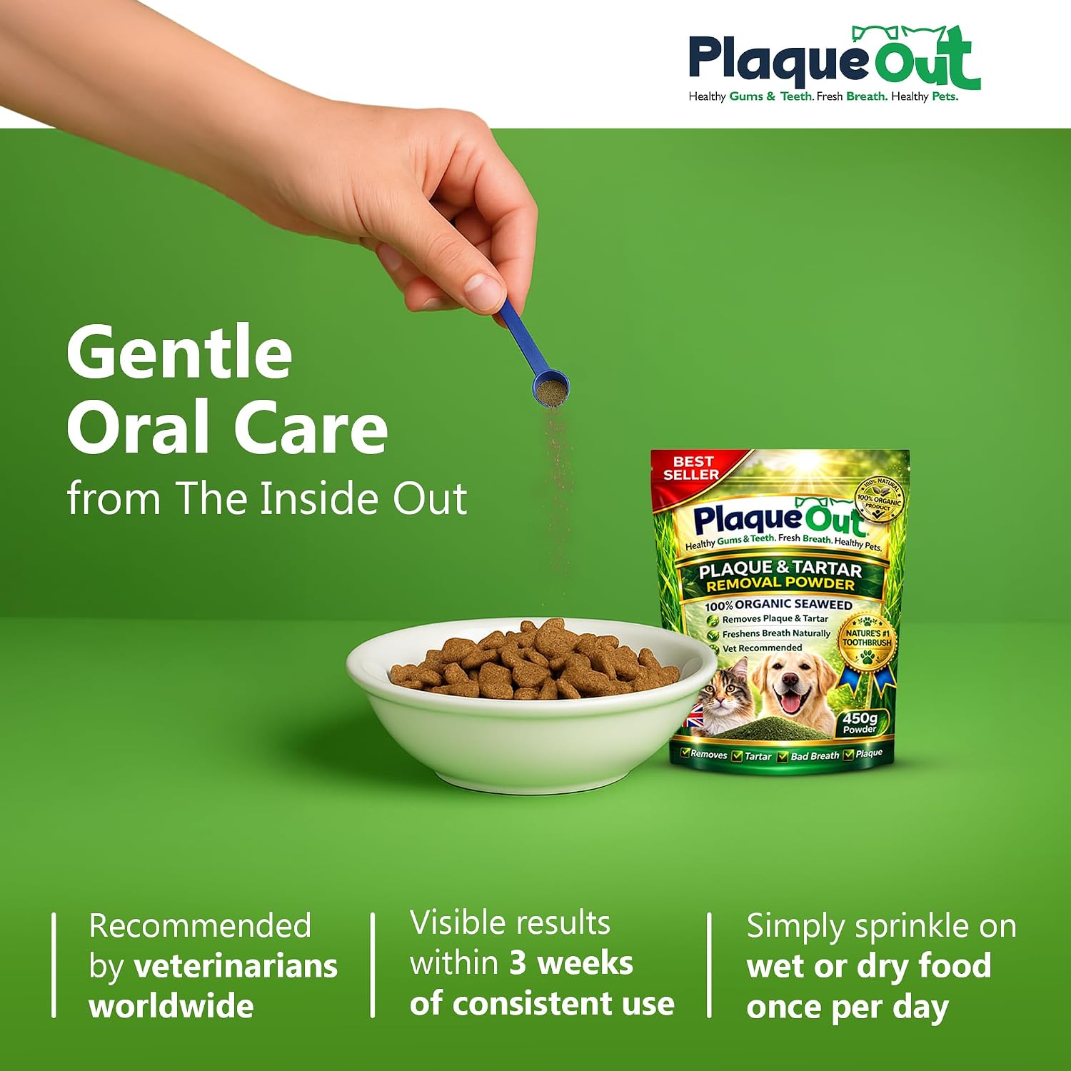 Detalle de Plaque Out 450g Pouch: 100% Natural Seaweed Dental Powder for Dogs & Cats