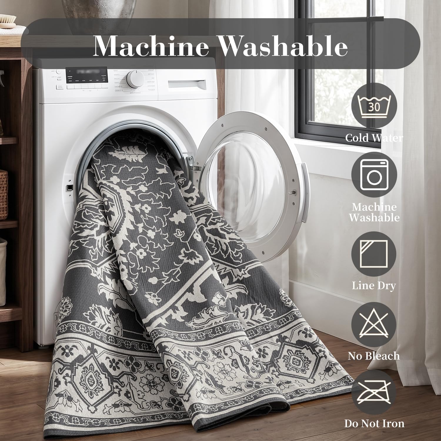 Detalle de Engiw 5 x 8 ft Outdoor Rug, Machine-Washable Flatweave, Blackish Grey