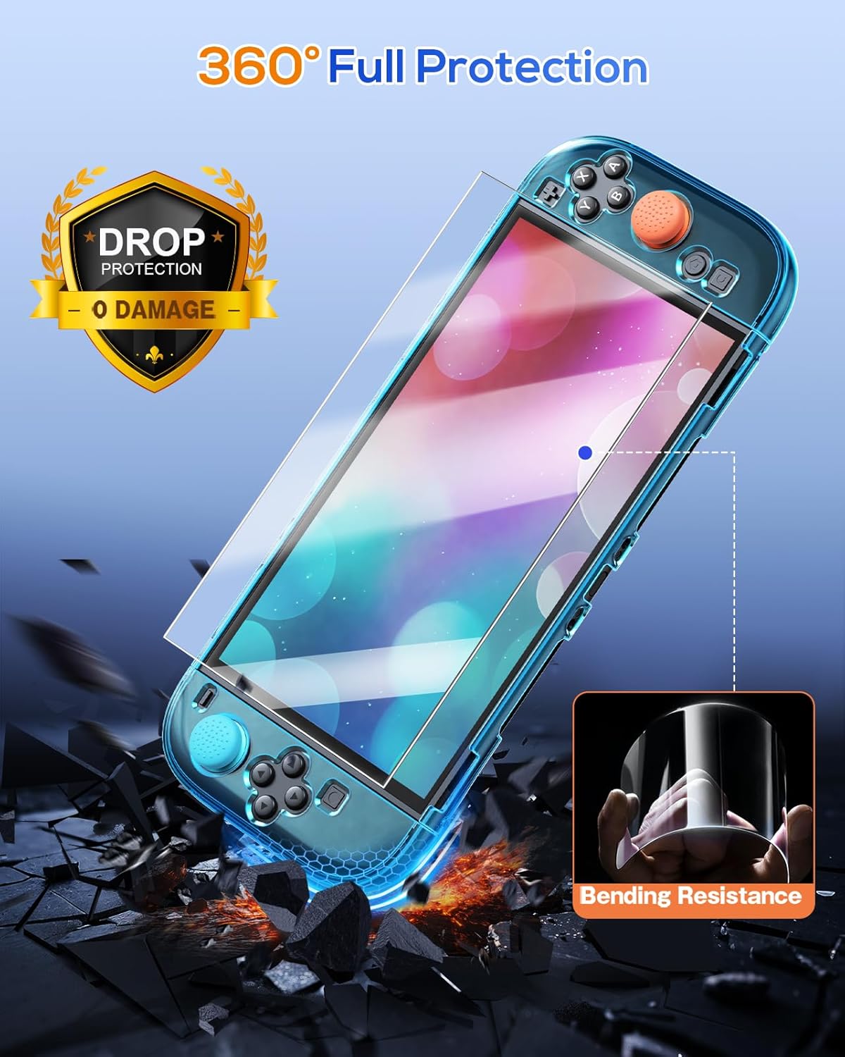 Detalle de FYOUNG for Switch 2 Cover Case and Screen Protector Accessories Bundle with Thumb Grips – Crystal Clear (Transparent Blue)