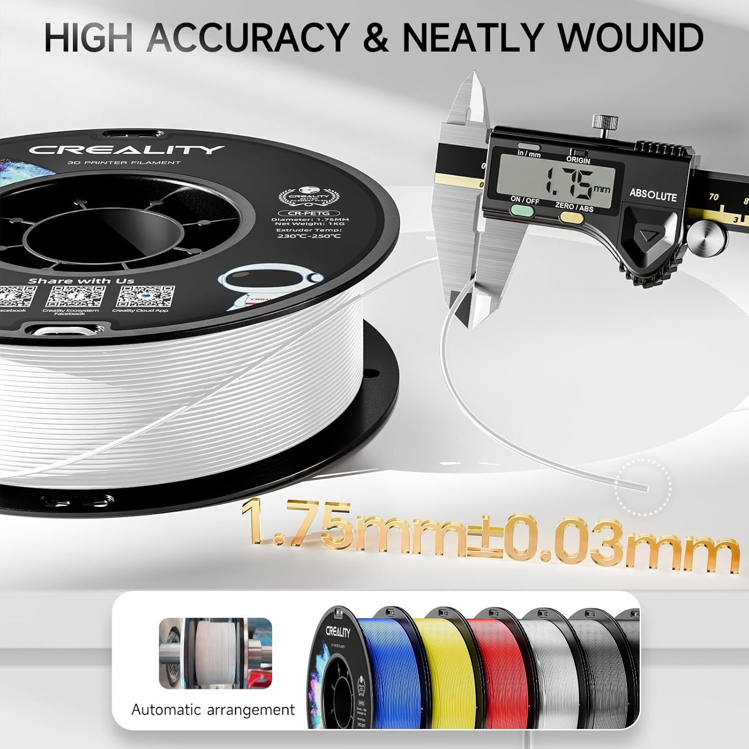 Detalle 2 de Creality PETG Filament 1.75mm (4kg total) – White, high-precision, low-odour PETG for FDM printing