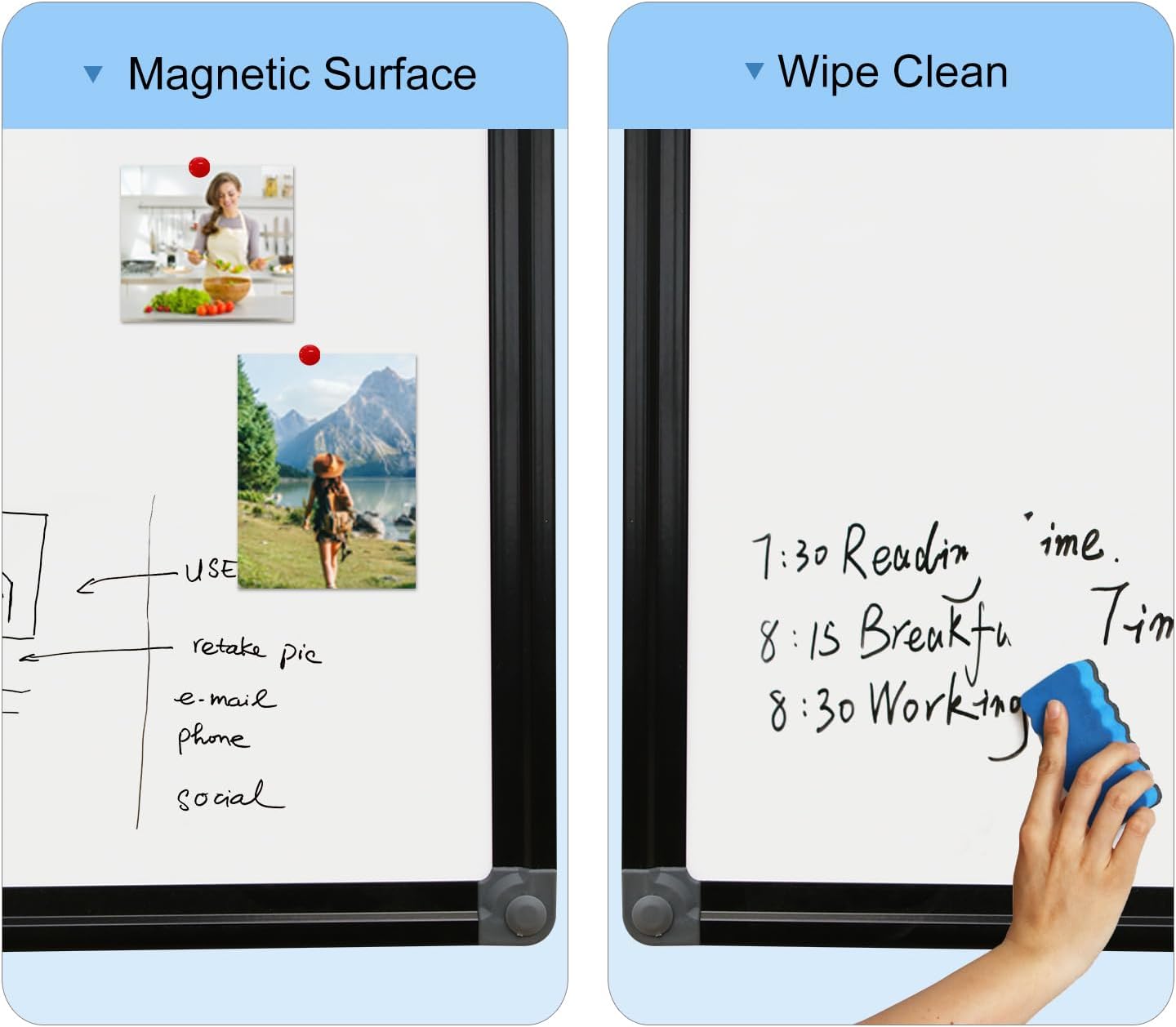 Detalle de XIWODE Magnetic Dry Erase Board (60 x 45cm) – wall mounted whiteboard with black aluminium frame