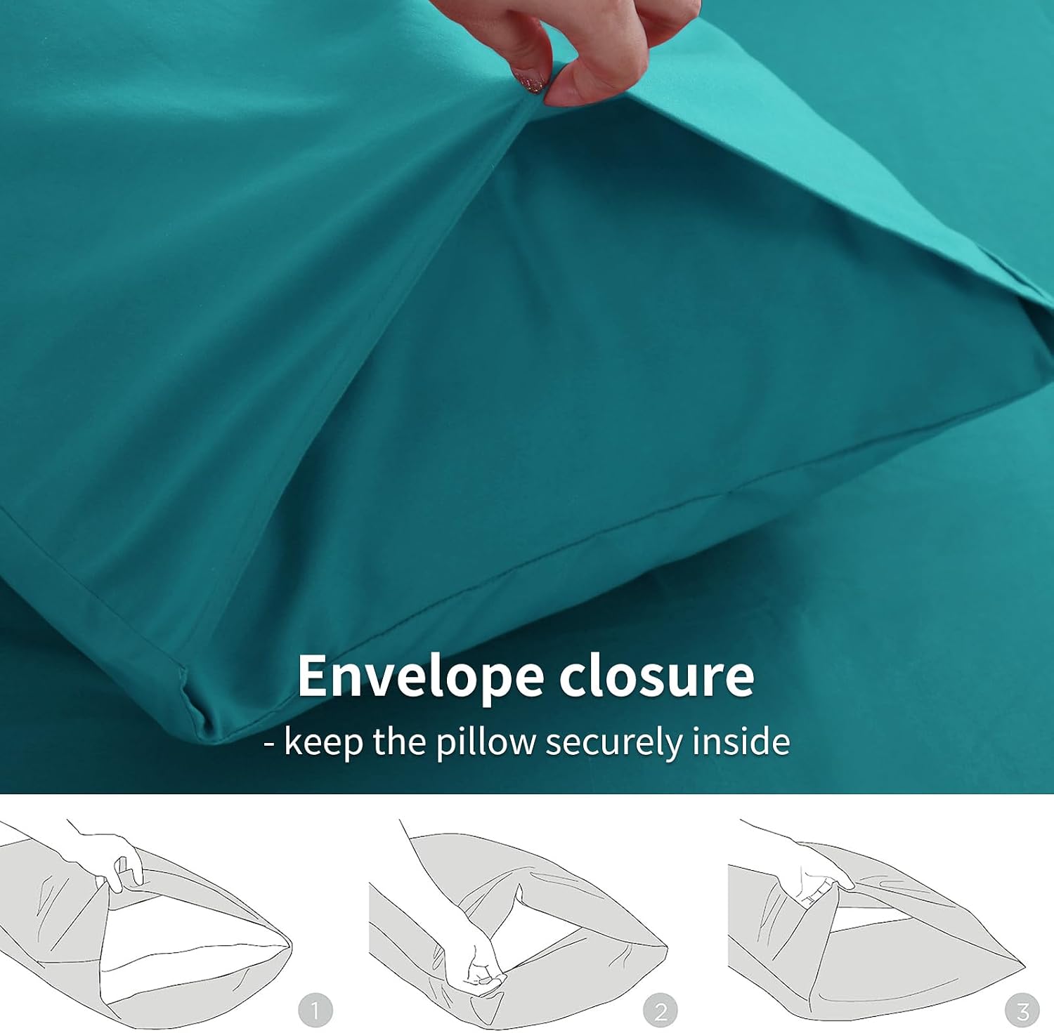 Detalle de RUIKASI Teal pillow cases (2 pack) with envelope closure, brushed breathable microfiber