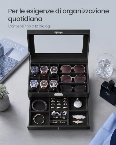 Detalle de SONGMICS Porta Orologi, 6 Posti, con Cassetto e Coperchio in Vetro – Organizzazione elegante per tuo stile