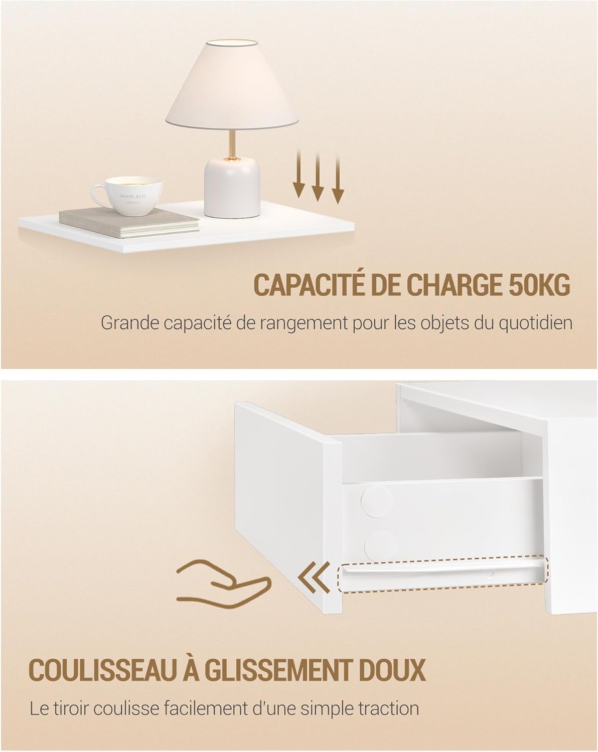 Thumbnail 6 de Hzuaneri Table de Chevet Suspendue – Lot de 2, avec LED et tiroir coulissant (Blanc) NS50403XEU