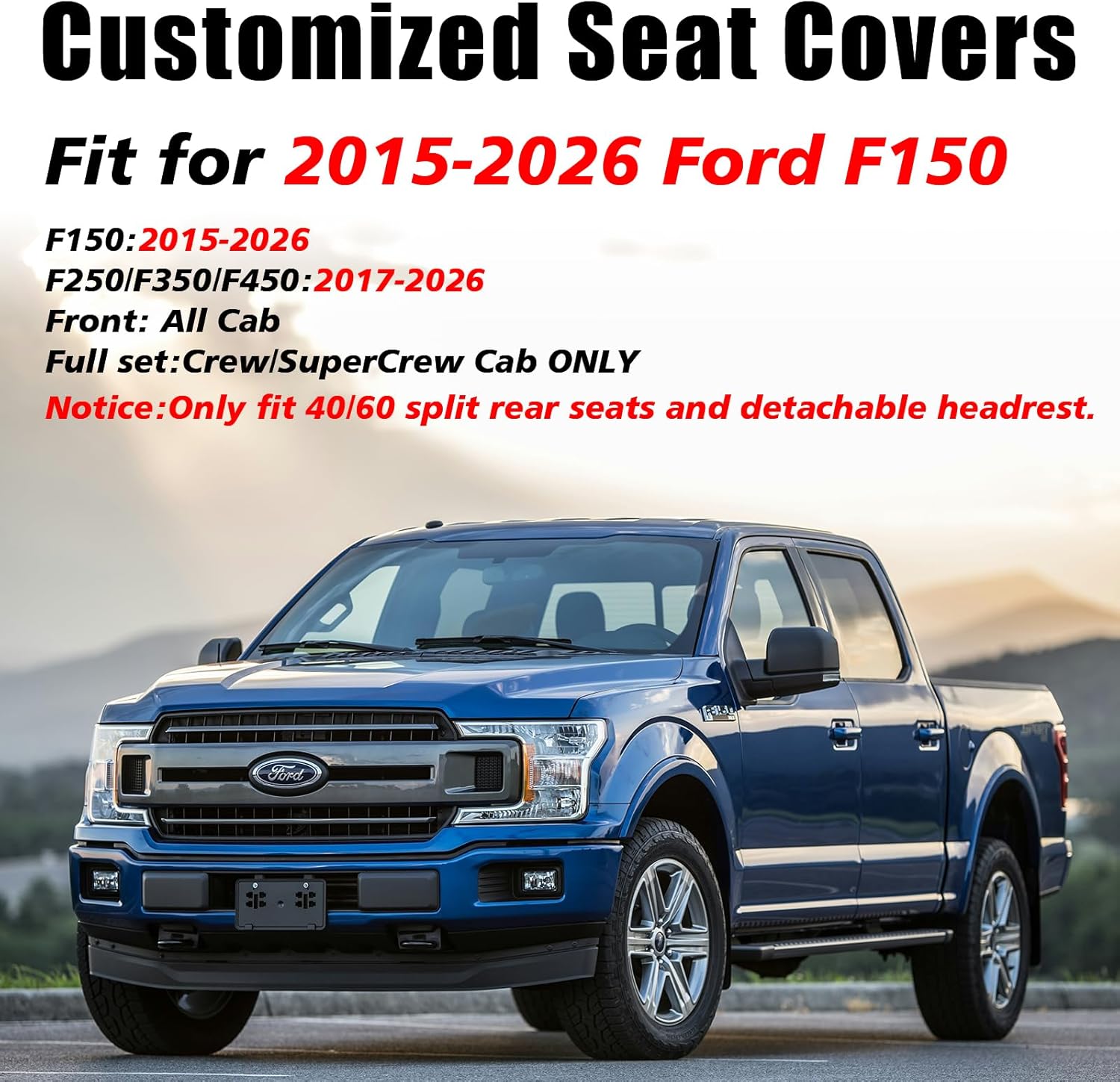 Thumbnail 5 de Coverado Leather Ford F-150 / F-250 / F-350 Seat Covers Full Set (Blue line) — Waterproof, Custom Fit for 2015-2026 Crew Cab