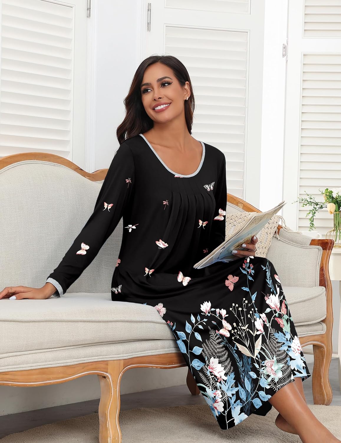 Detalle de Ekouaer Long Nightgown for Women, Full-Length Long-Sleeve Sleep Dress