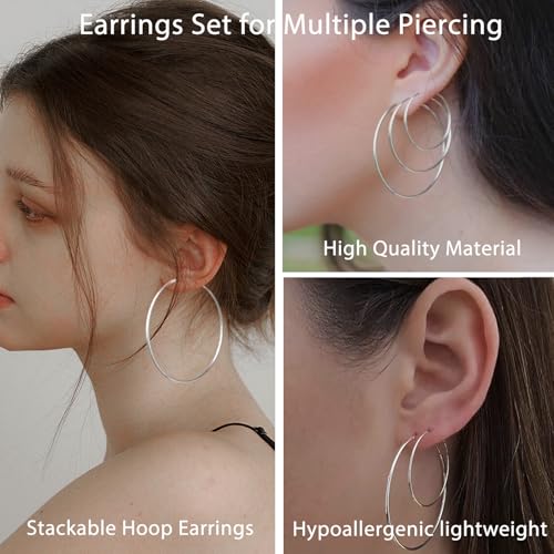 Detalle de PABBEU 5Pairs Silver Hoops Earrings Set for Women – 316L Stainless Steel, Big Thin, Hypoallergenic
