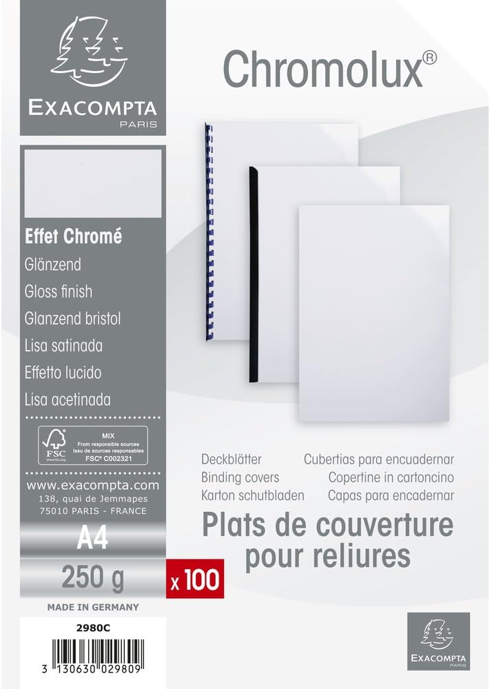 Detalle de Exacompta 2980C – Paquet de 100 plats en carte A4, 230 g/m², effet miroir, 1 face brillante et 1 face mate, blanc