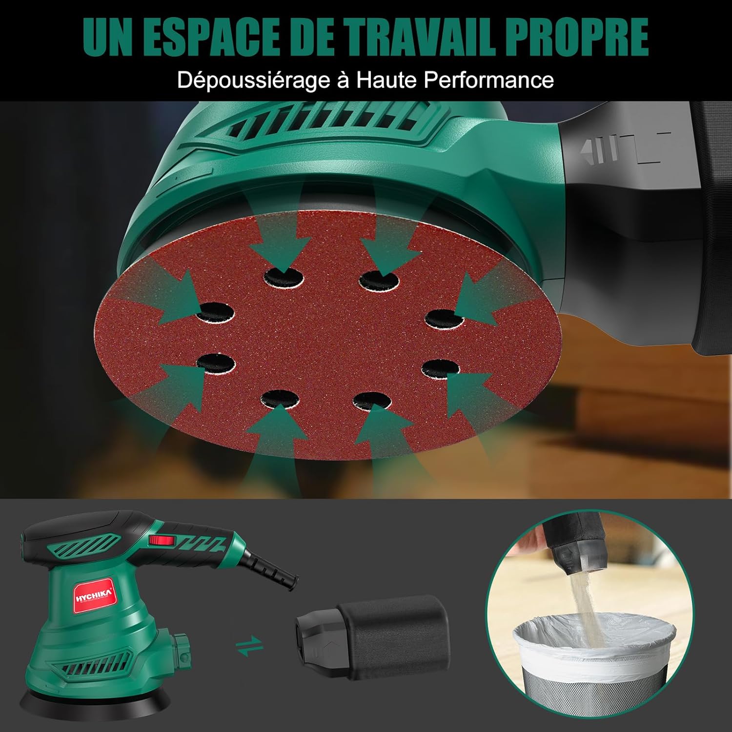 Detalle 2 de HYCHIKA Ponceuse Excentrique – 6 vitesses, collecte de poussière et 12 disques inclus
