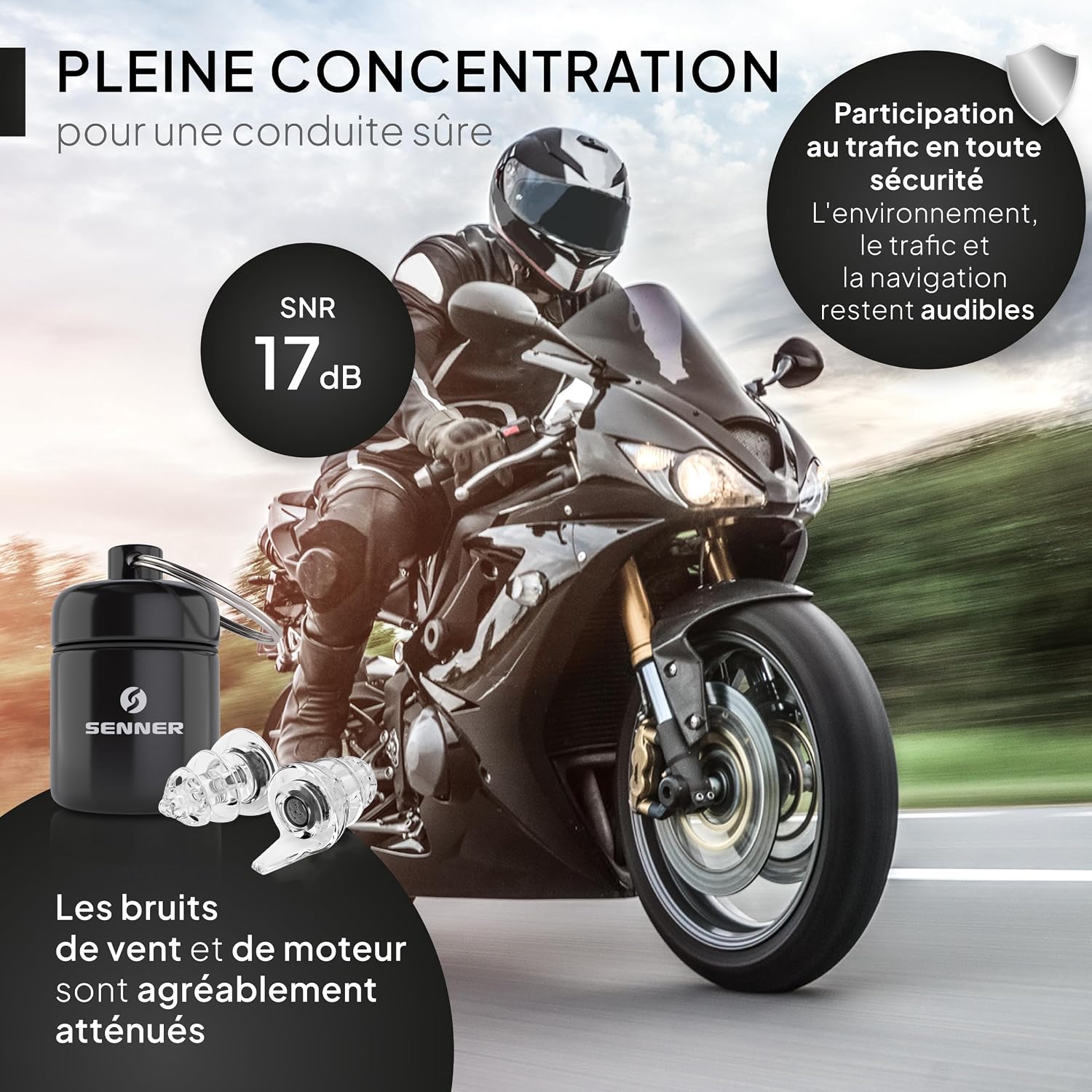 Detalle de Senner MotoPro : bouchons d’oreille pour moto avec étui aluminium, SNR 17 dB