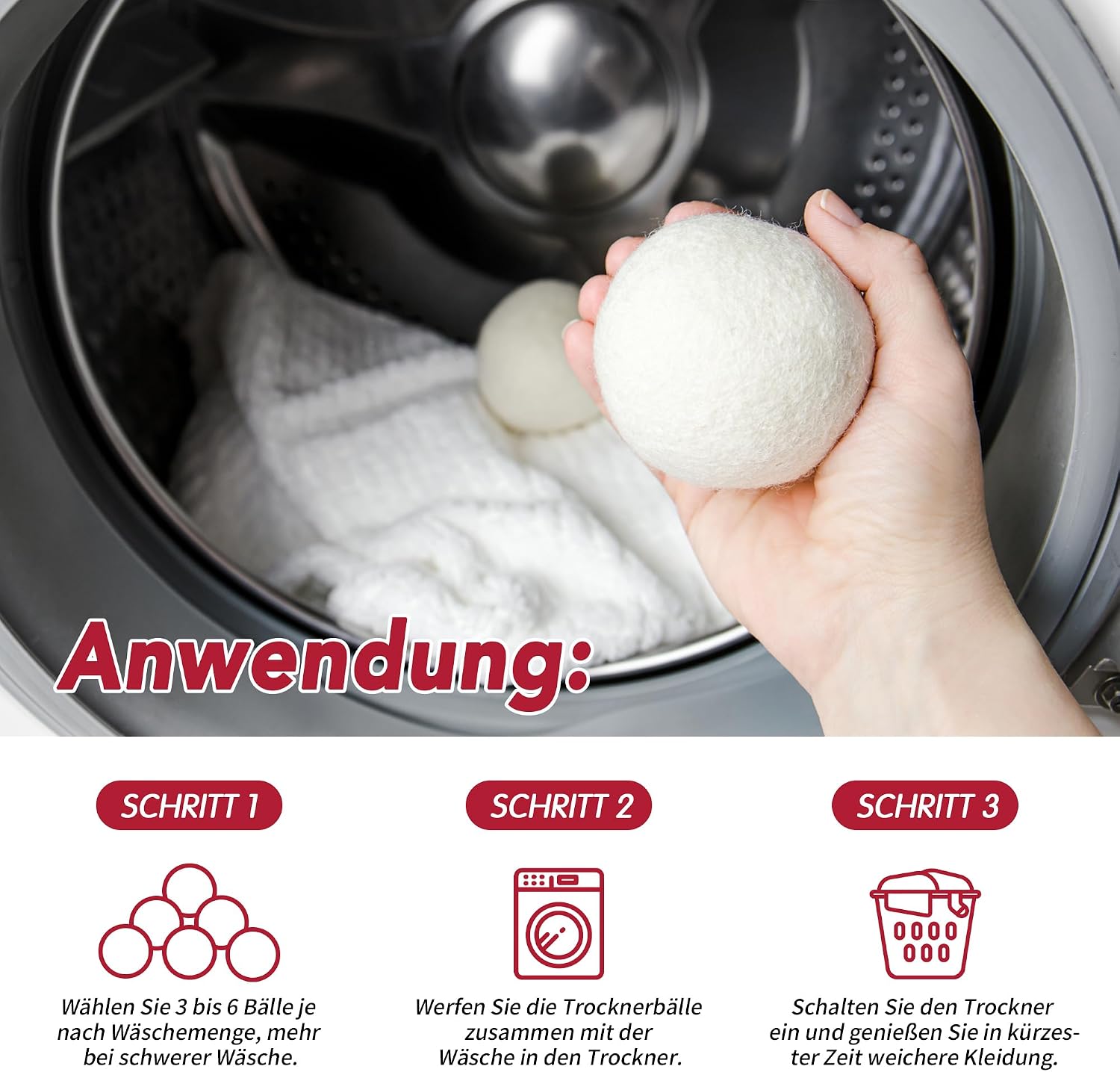 Detalle de Trocknerbälle Wäsche 6er Set 7 cm Naturwolle