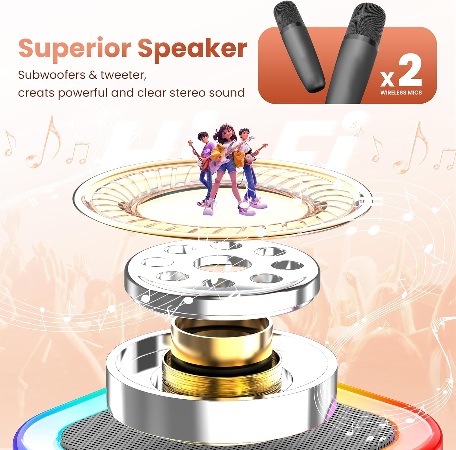 Thumbnail 1 de Peski K-51 Mini Karaoke Machine with Two Wireless Microphones and LED Lights
