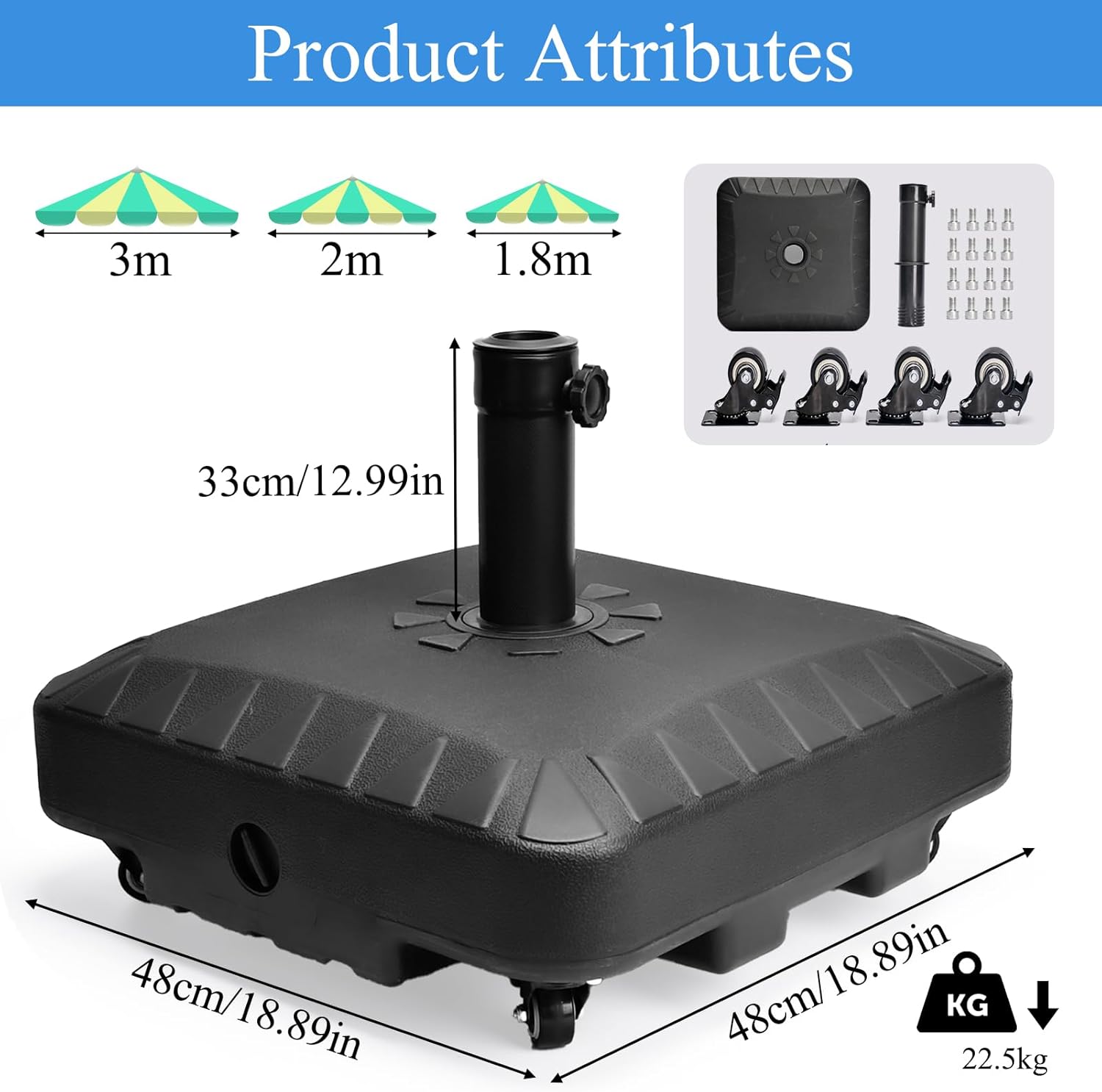 Thumbnail 1 de 23L Parasol Base with Wheels — Heavy Duty Fillable Outdoor Base for 35–48mm Poles