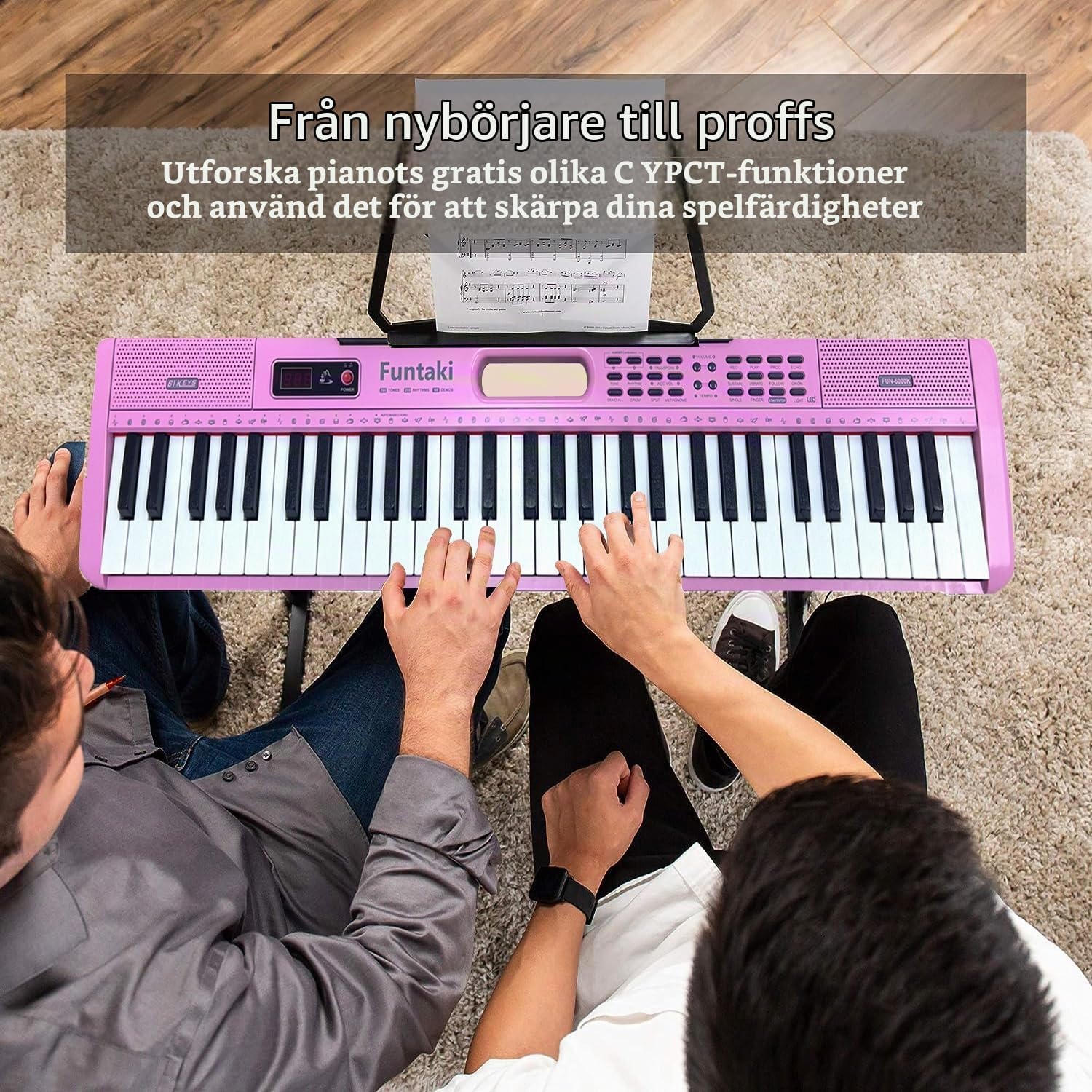 Detalle de Funtaki FUN-6000K keyboard med 61 belysta tangenter och undervisningslägen, ljusrosa
