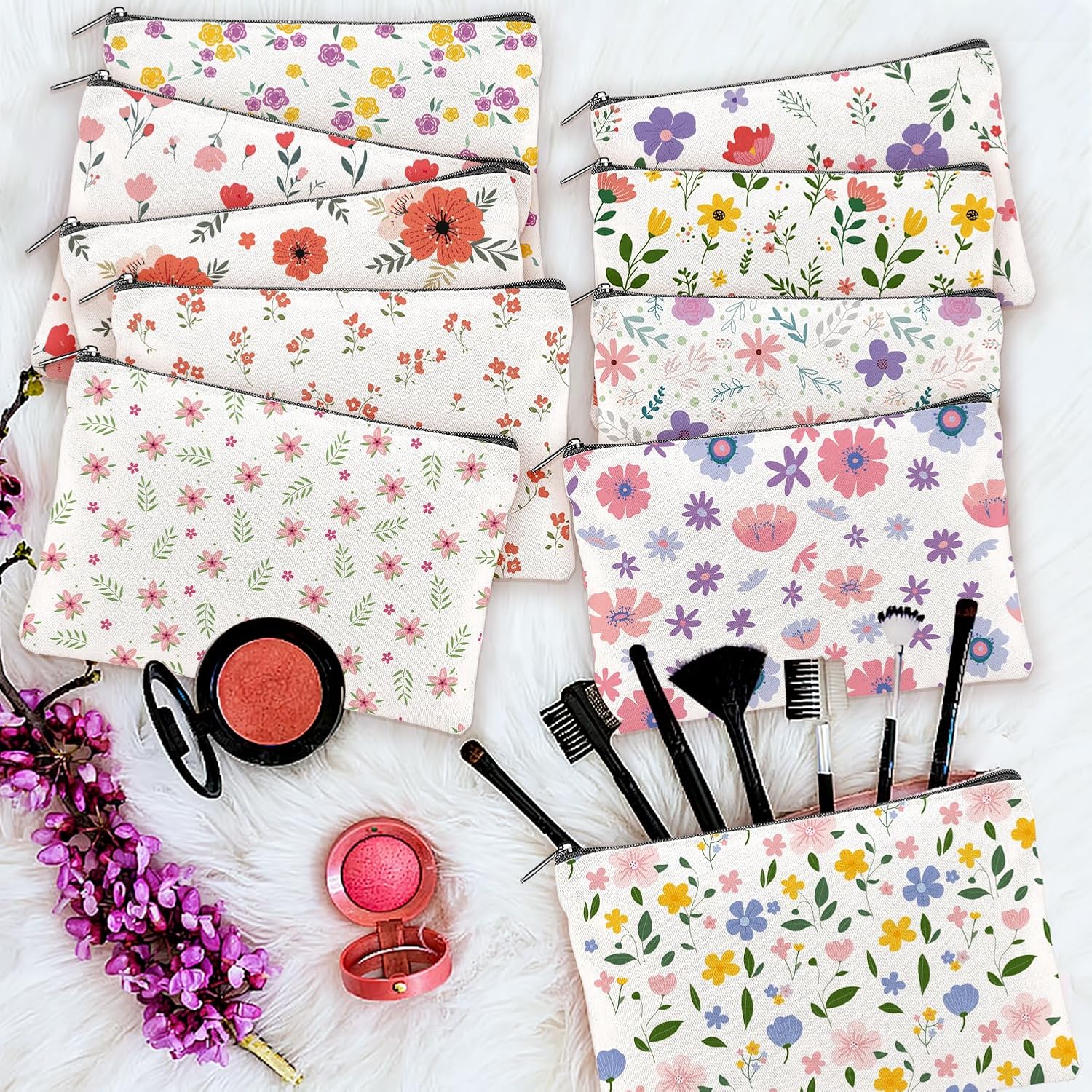 Detalle de TWINKLEMON 20–Piece Flower Canvas Makeup Bag Set: Floral Zipper Pouches for Everyday Organisation