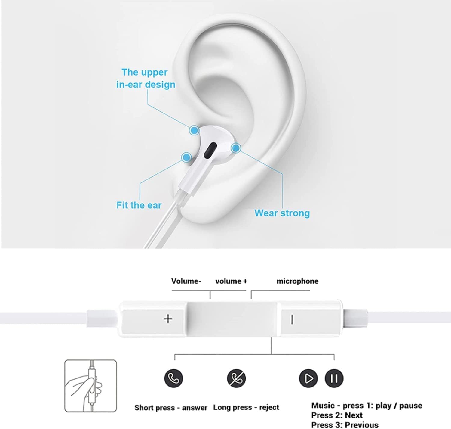 Detalle 2 de In Ear Kopfhörer für iPhone – MFI-zertifiziert, kabelgebunden mit Mikrofon und Lautstärkeregler