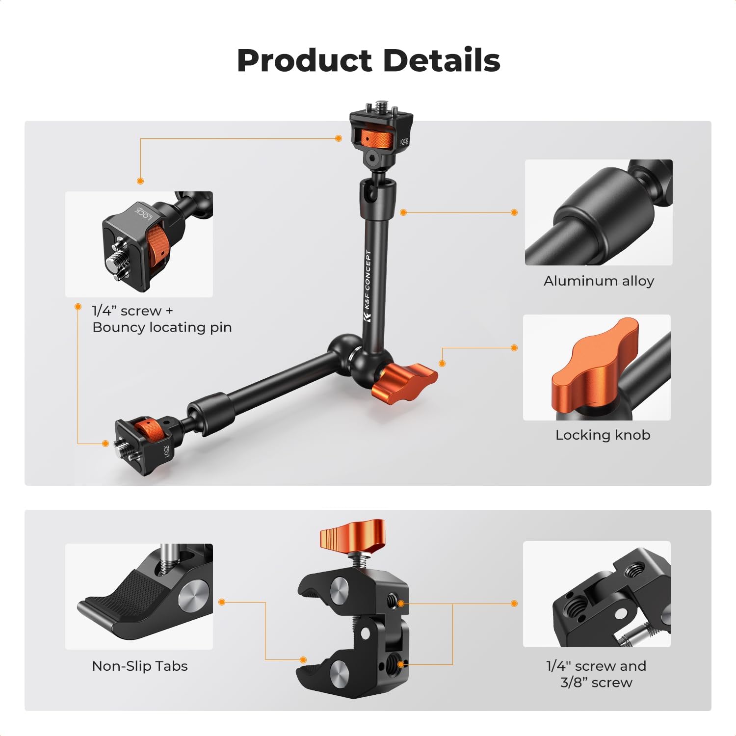 Detalle 2 de K&F CONCEPT 11" Magic Arm Super Clamp Kit with 1/4" & 3/8" mounting for monitors, cameras and action cams