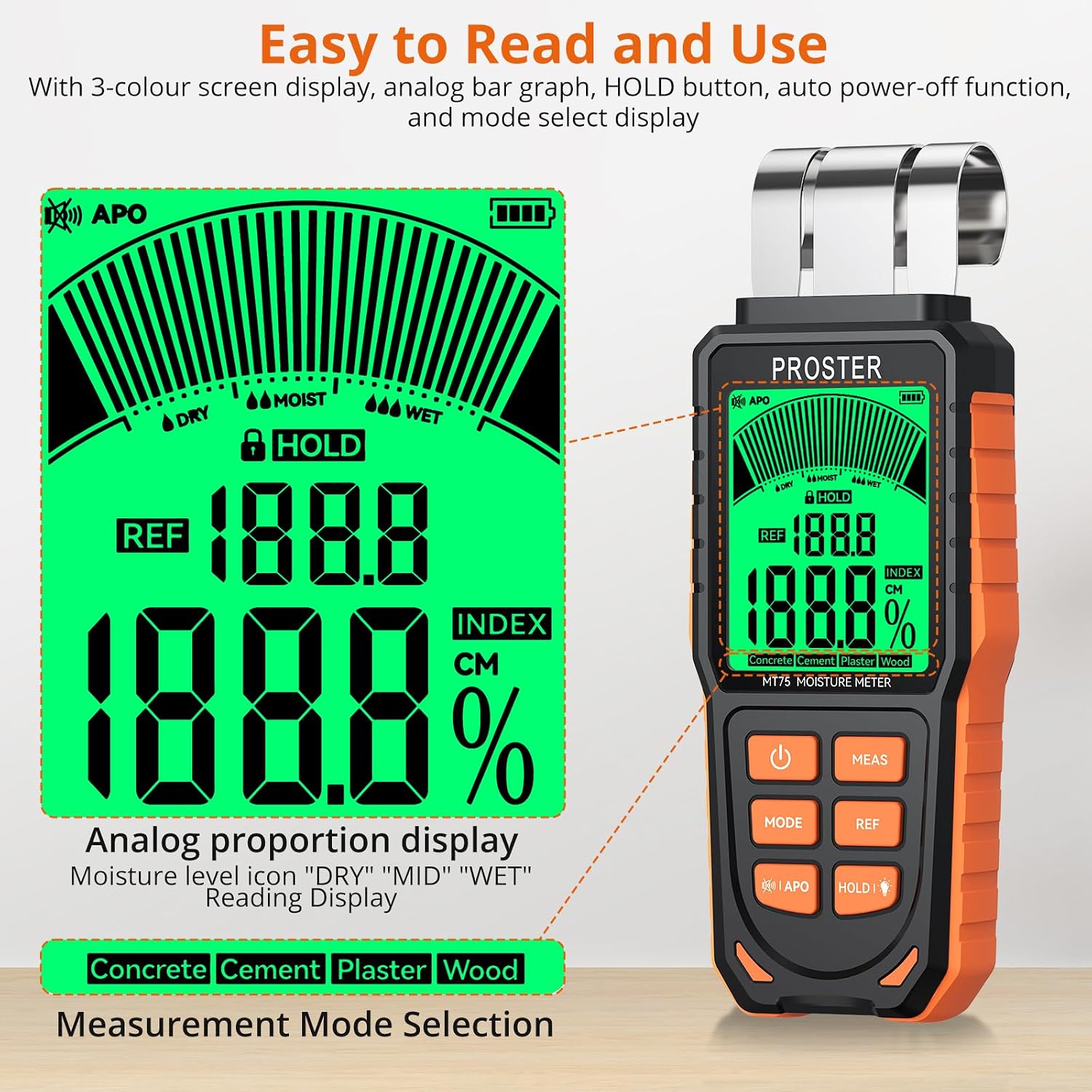 Thumbnail 6 de Proster PST276-US Pinless Damp Meter, 5 Modes, 5–40 mm Scan Depth