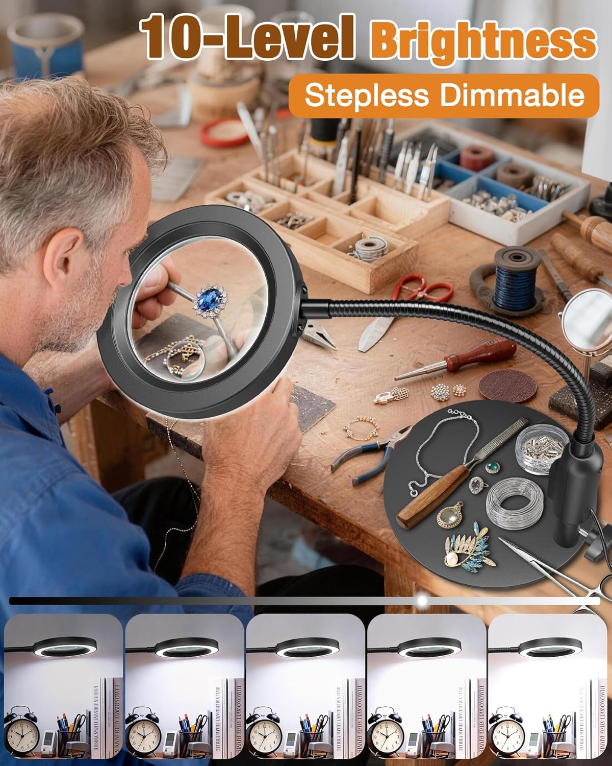Thumbnail 3 de 30X 10X Magnifying Glass with Light and Stand — 5 Color Modes, Stepless Dimmable, HD Lens, Gooseneck