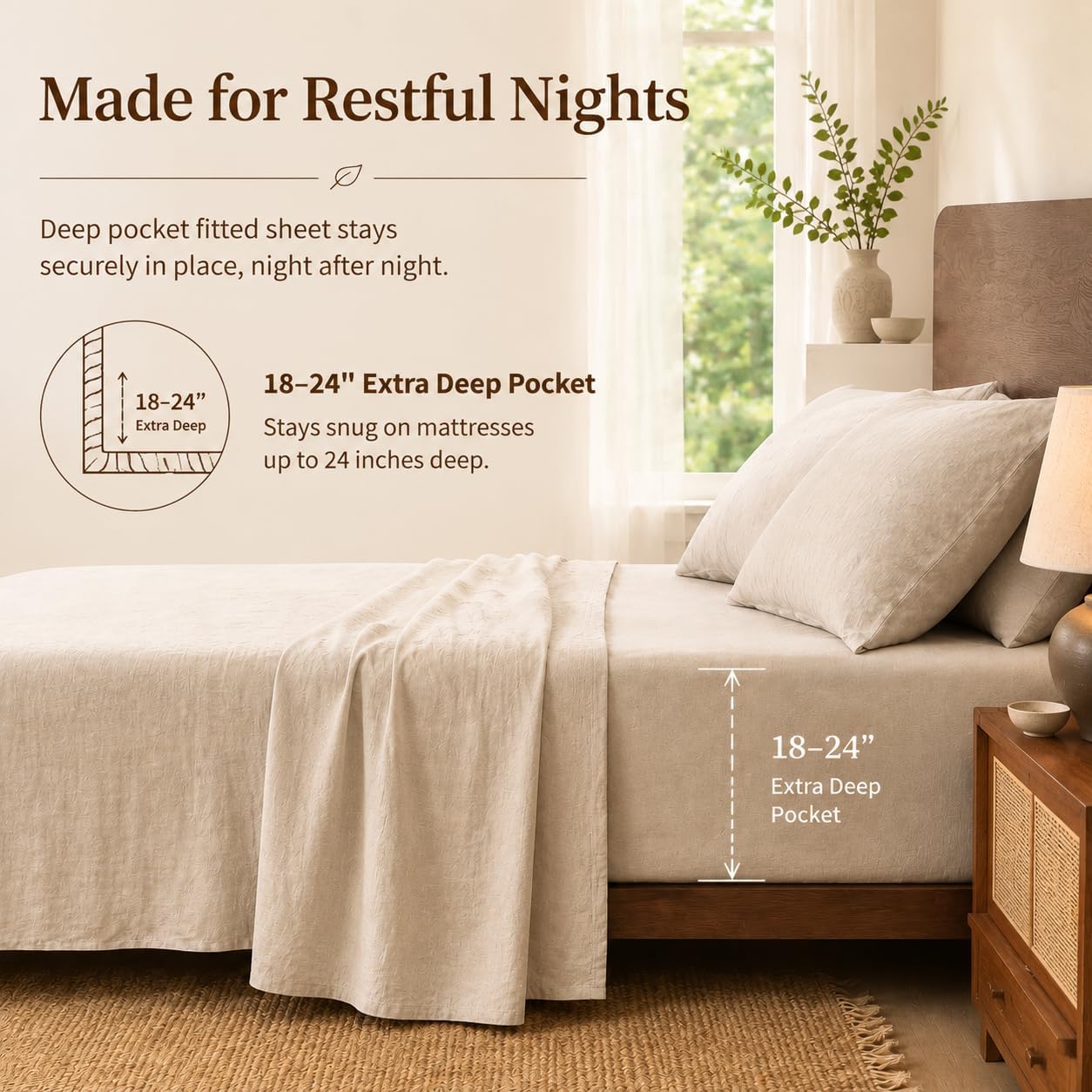 Detalle de MEISHANG 100% French Linen Sheets – Queen, Extra Deep Pocket, All-Season Soft Durable Flax Linen