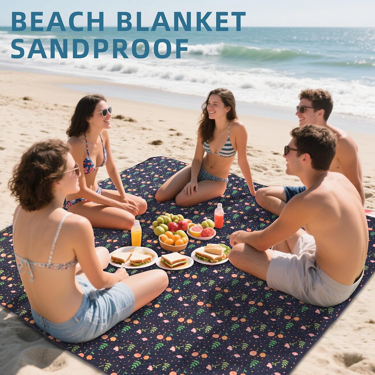 Thumbnail 4 de PICYALO Waterproof Picnic Blanket, Navy Blue Floral, Foldable with Leather Strap