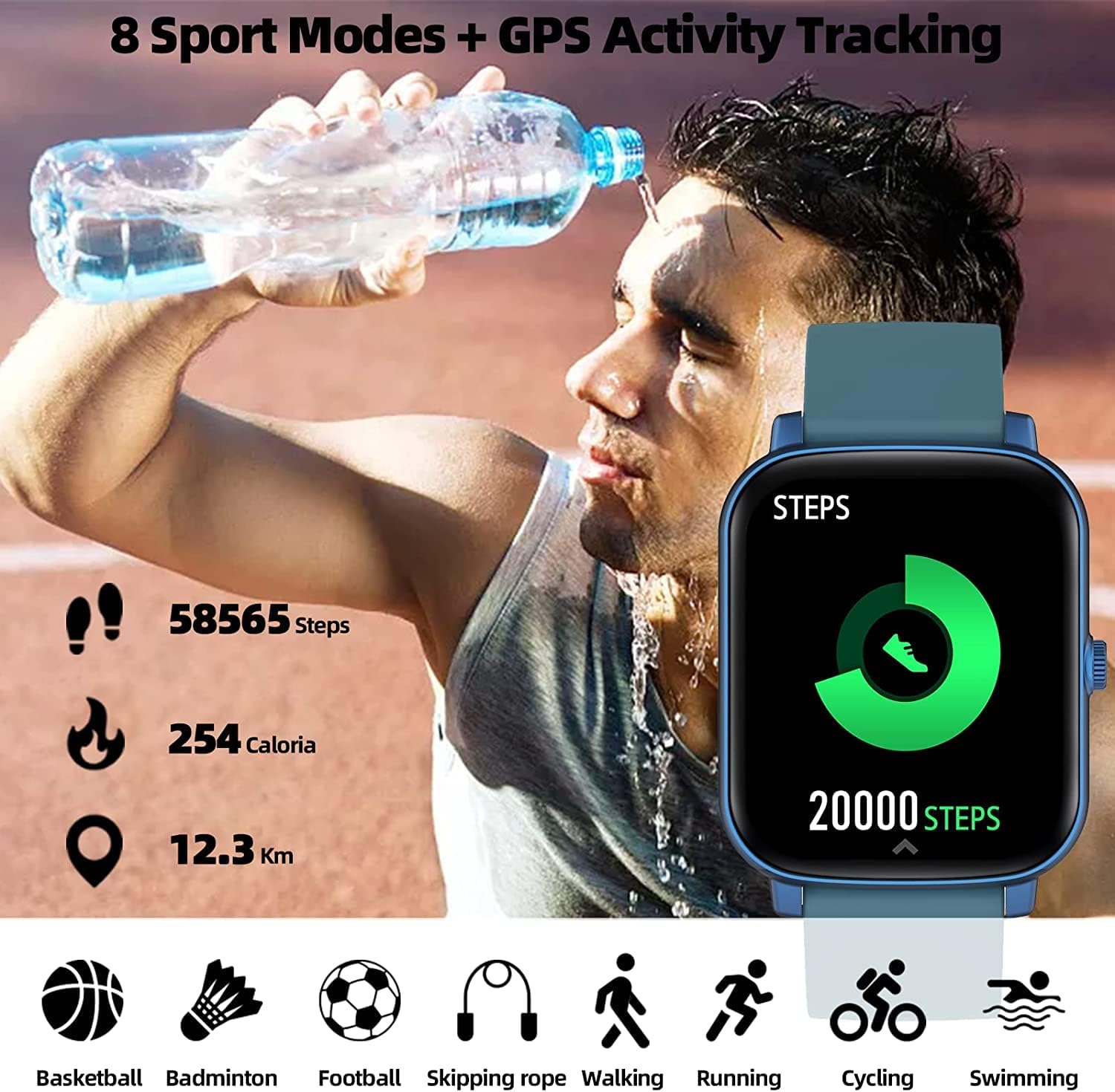 Detalle 2 de FirYawee 1.7-inch Touchscreen Smart Watch (Blue) with heart rate, SpO2 and call notifications