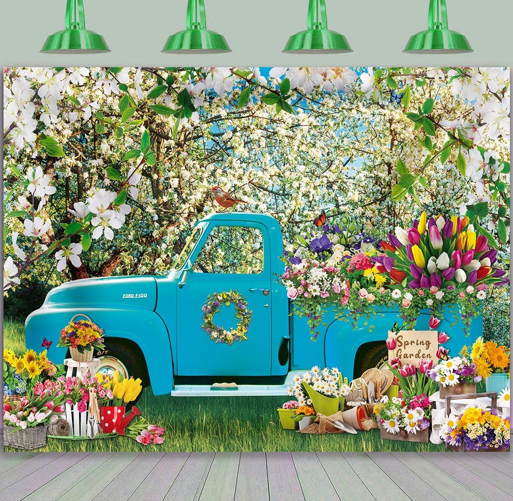 Detalle 2 de BINQOO Frühlingsblumen-Hintergrund mit blauem LKW (Vinyl), 2,1 m x 1,5 m – Fotografie- & Deko-Backdrop für Frühling/Ostern
