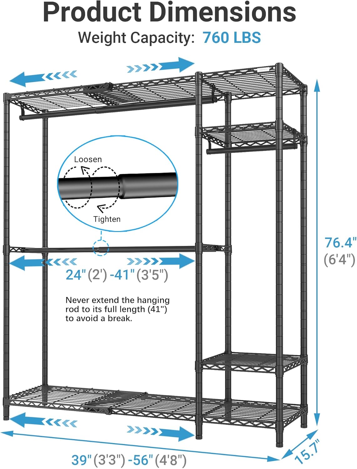 Detalle de VIPEK X20 Black Expandable Metal Clothing Rack with Adjustable Shelves
