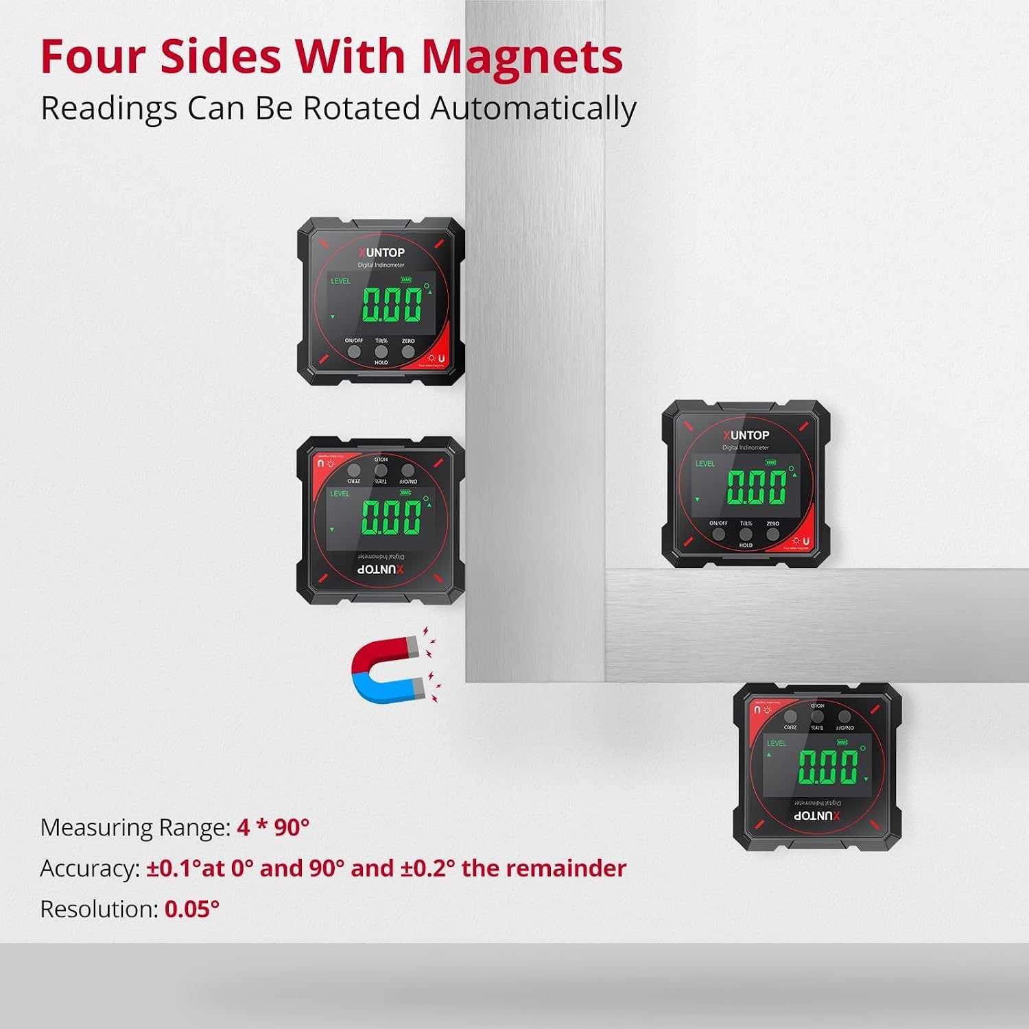 Detalle de XUNTOP XOP010 Digital Angle Finder with 4-Side Magnets, 0.05° Resolution