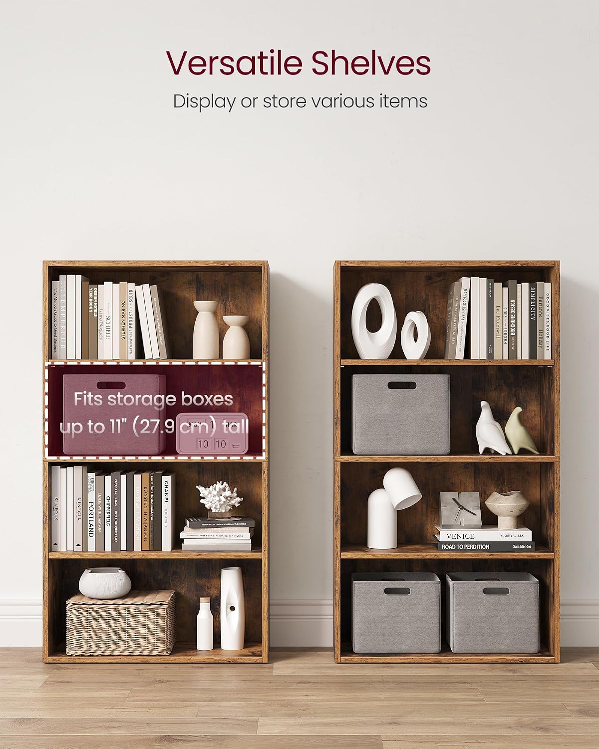 Detalle de VASAGLE LBC164X01 4-Tier Bookshelf with Adjustable Shelves and Open Compartments (Rustic Brown)