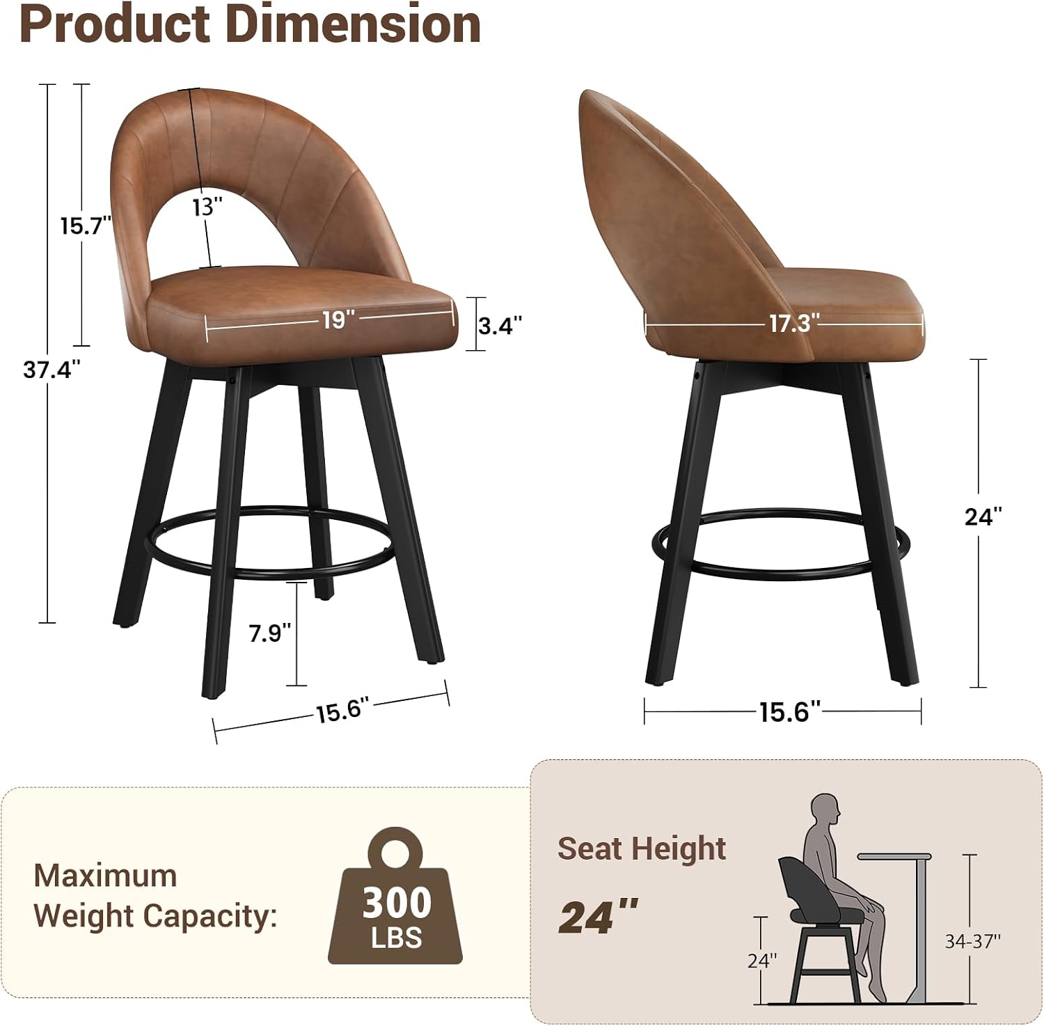 Thumbnail 6 de YaFiti SJDO_847 Counter-Height Swivel Bar Stools, Set of 2, Light Tan Faux Leather