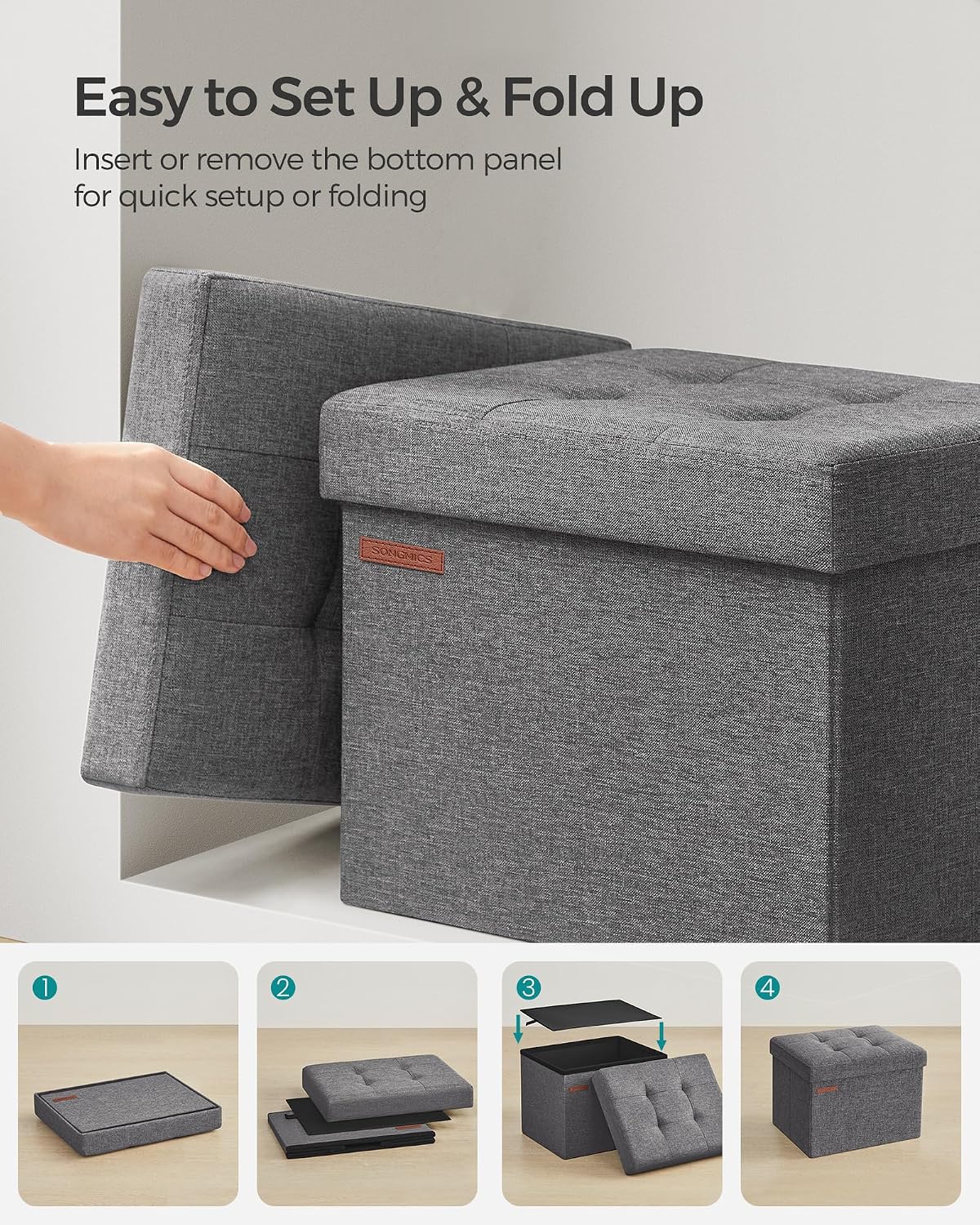 Detalle de SONGMICS LSF102G51 Storage Ottoman, 32 L Foldable Footstool, 130 kg Capacity