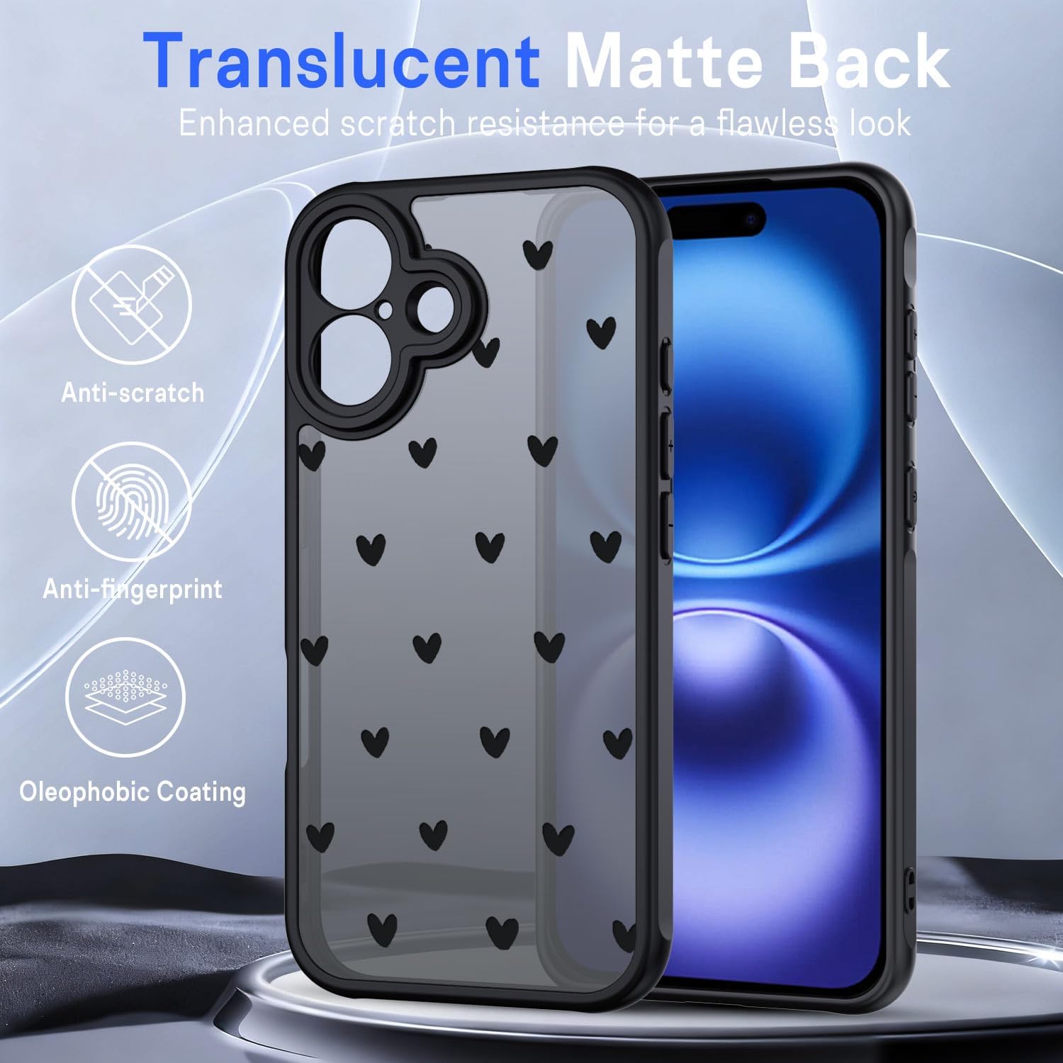 Thumbnail 1 de TUUTPU Coque iPhone 16 – Étui translucide mat avec motif cœur, protection complète et dos en PC durable