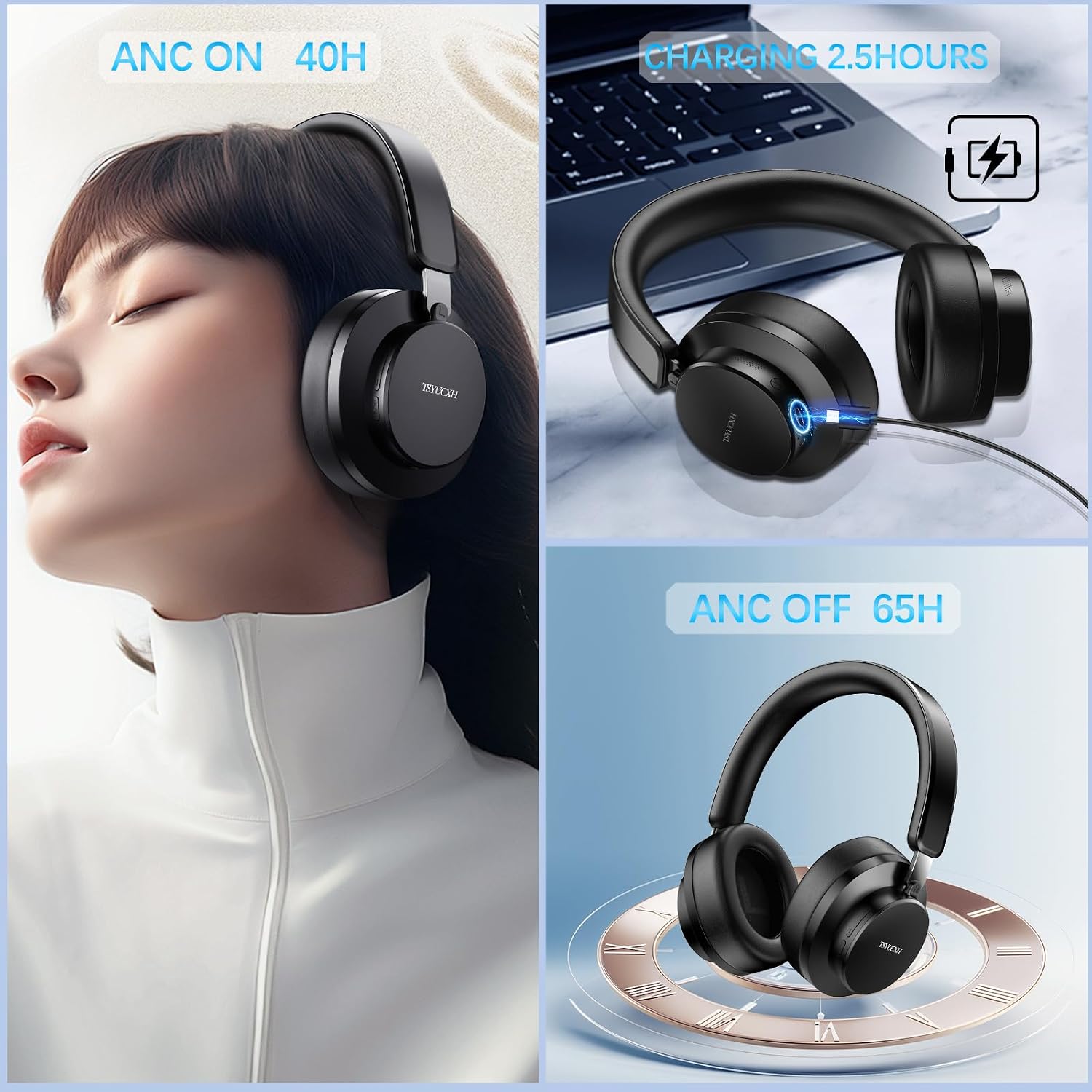 Detalle de Noise Cancelling Wireless Bluetooth Over-Ear Headphones with Microphone (Black) – 65h Playtime