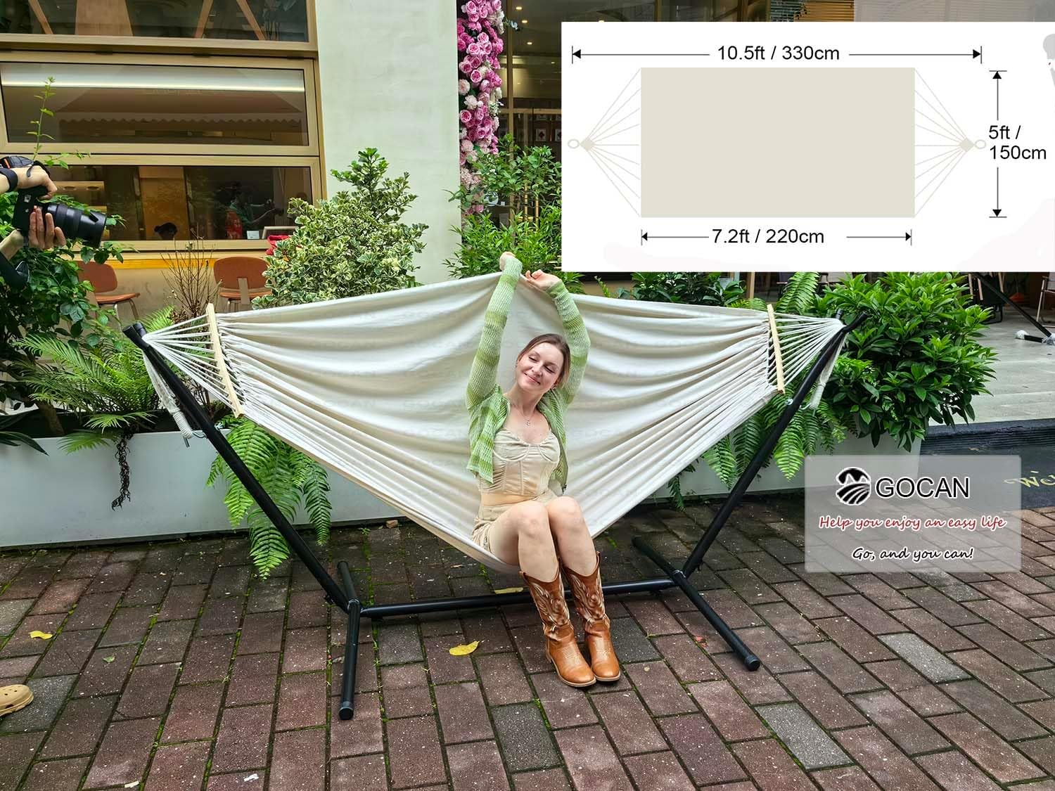 Detalle 2 de GOCAN Hammock for 2 People (220 x 150 cm) with Removable Spreader Bar – cotton canvas outdoor hammock