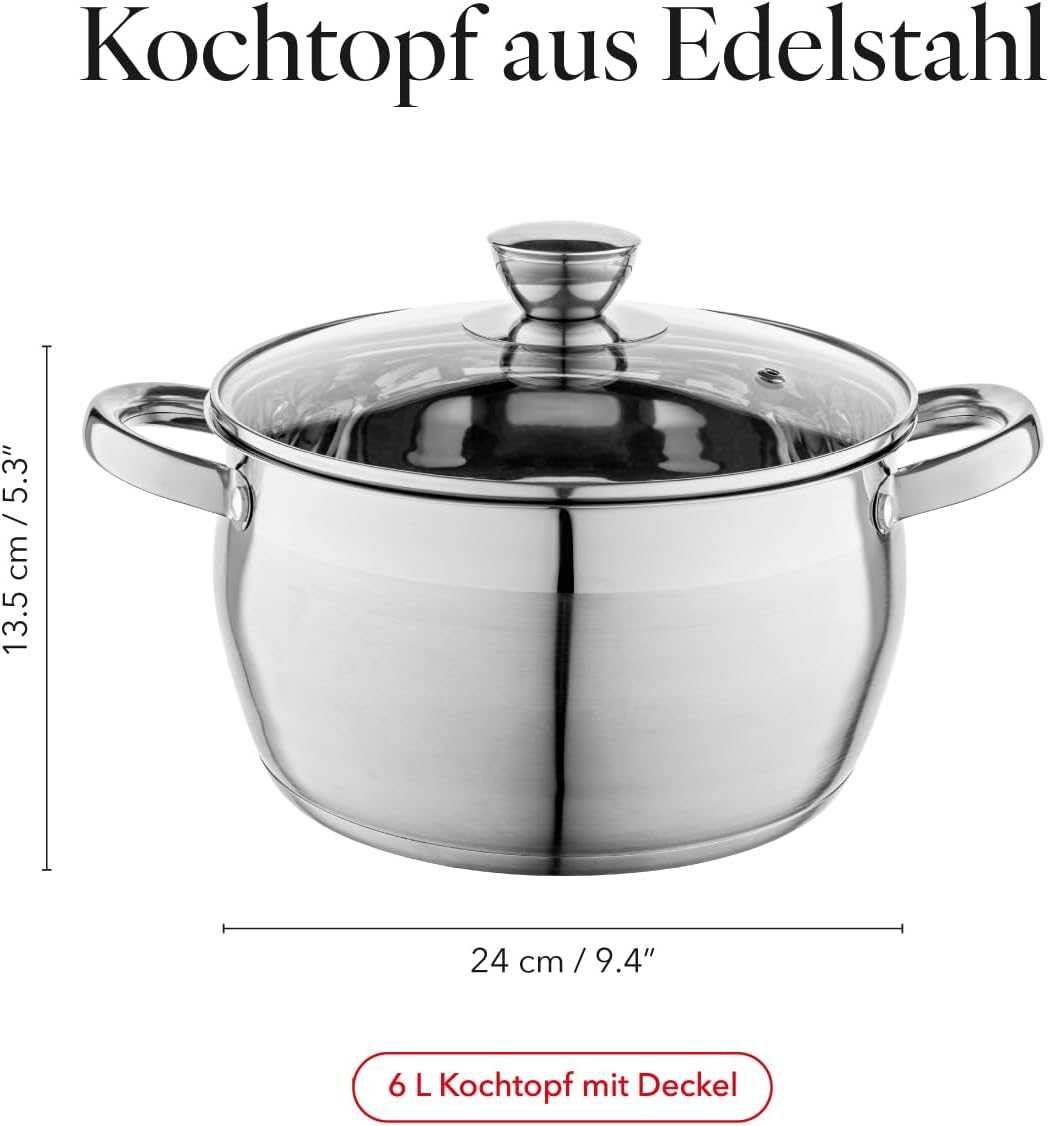 Detalle de Florina Oliver 24 cm 6 L Edelstahltopf mit Glasdeckel – Induktion, spülmaschinengeeignet