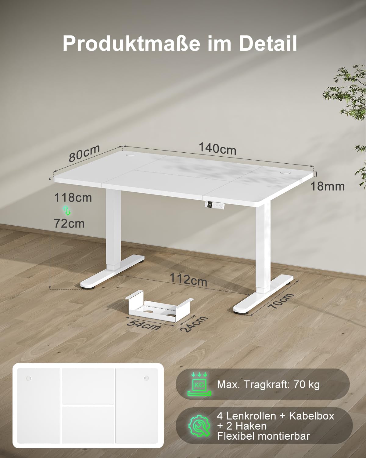 Detalle 2 de Devoko höhenverstellbarer Schreibtisch elektrisch 140x80 cm (Typ-C Ladeanschluss) in Weiß