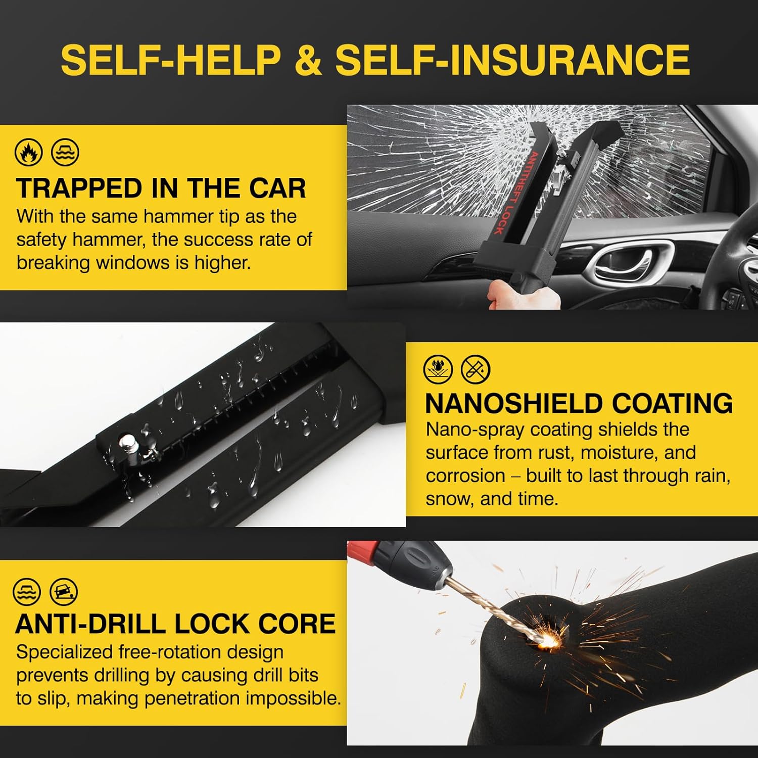 Detalle 2 de OPSOOPI Brake Pedal Lock (V15) with Escape Hammer Window Breaker — Universal Anti-Theft Car Device