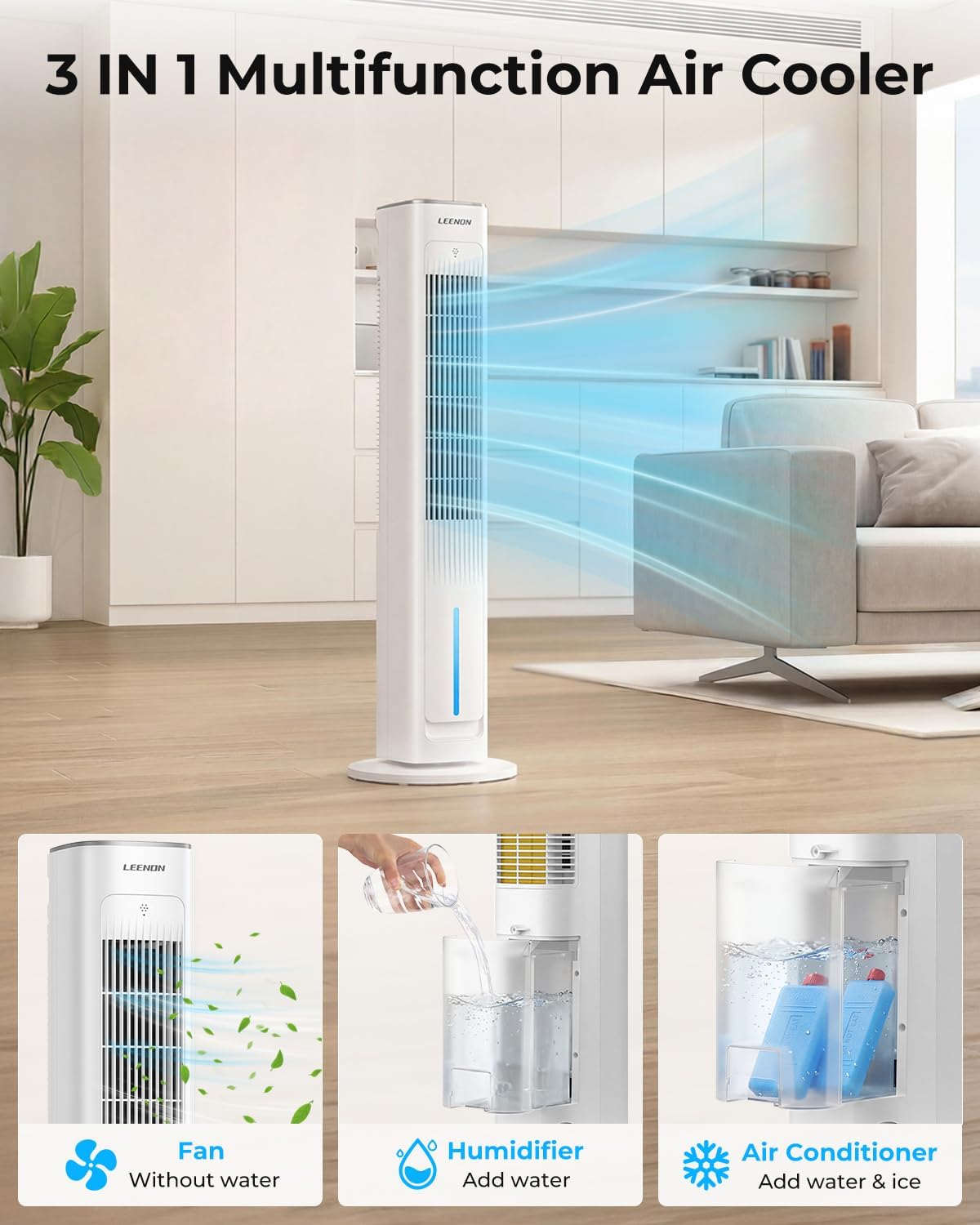 Detalle 2 de LEENON 3in1 Evaporative Air Cooler – 38" Tower Fan with Remote