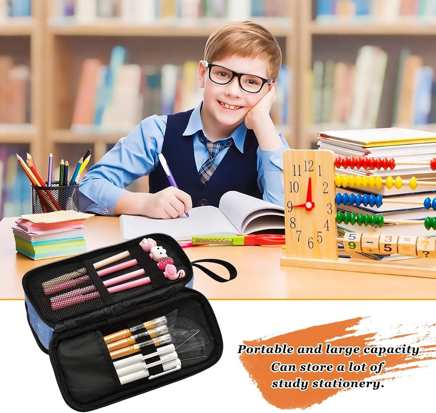 Detalle de Mnsruu Wolf Winter Forest Pencil Case: Large Capacity Zipper Pouch for All Your Stationery