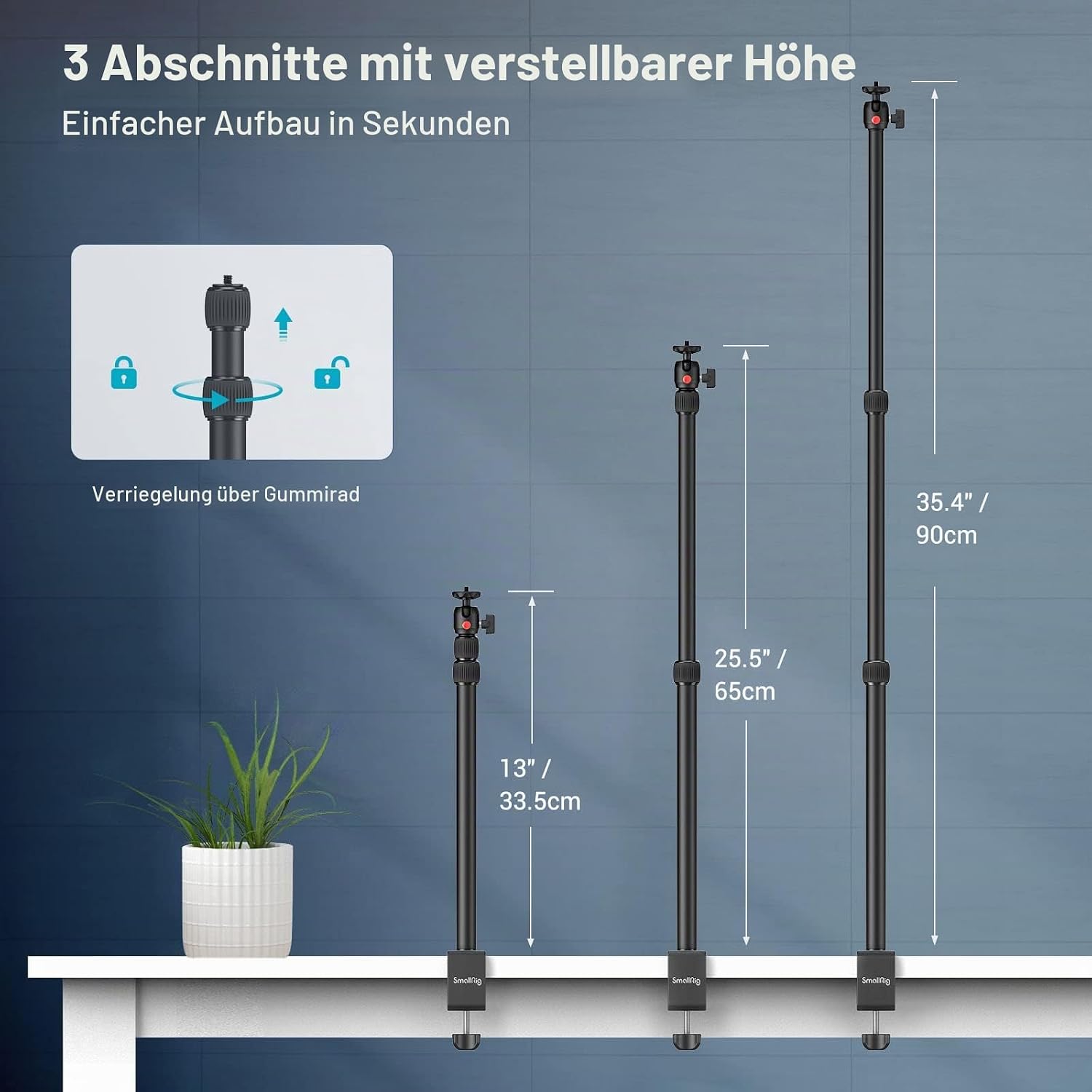 Detalle de SMALLRIG Kamera Light Stand 3488: Tischstativ mit 1/4“-20 Kugelkopf & verstellbarer Tablet-Halterung