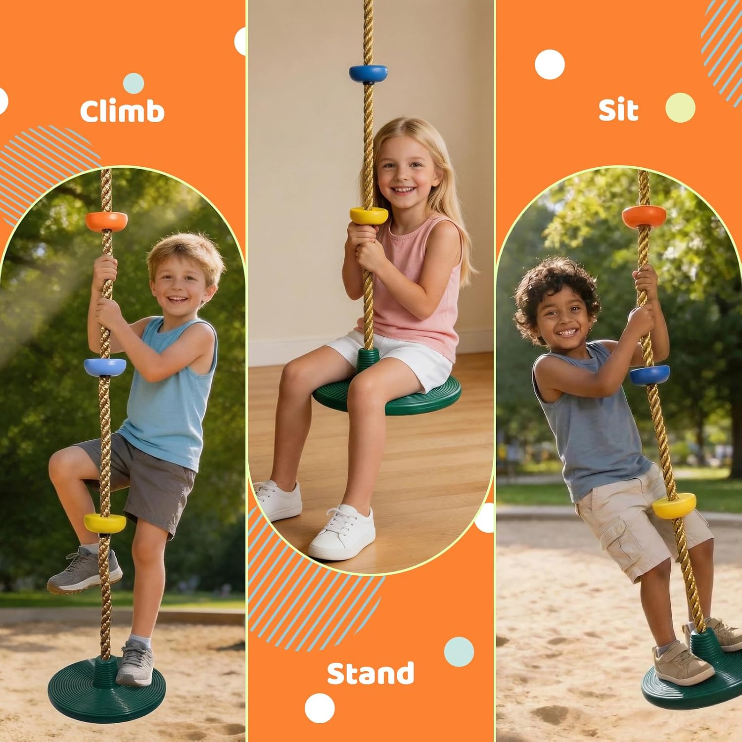 Detalle de Vdealen Balançoire à Corde pour enfants — Balançoire d'extérieur avec siège Frisbee, longueur ajustable