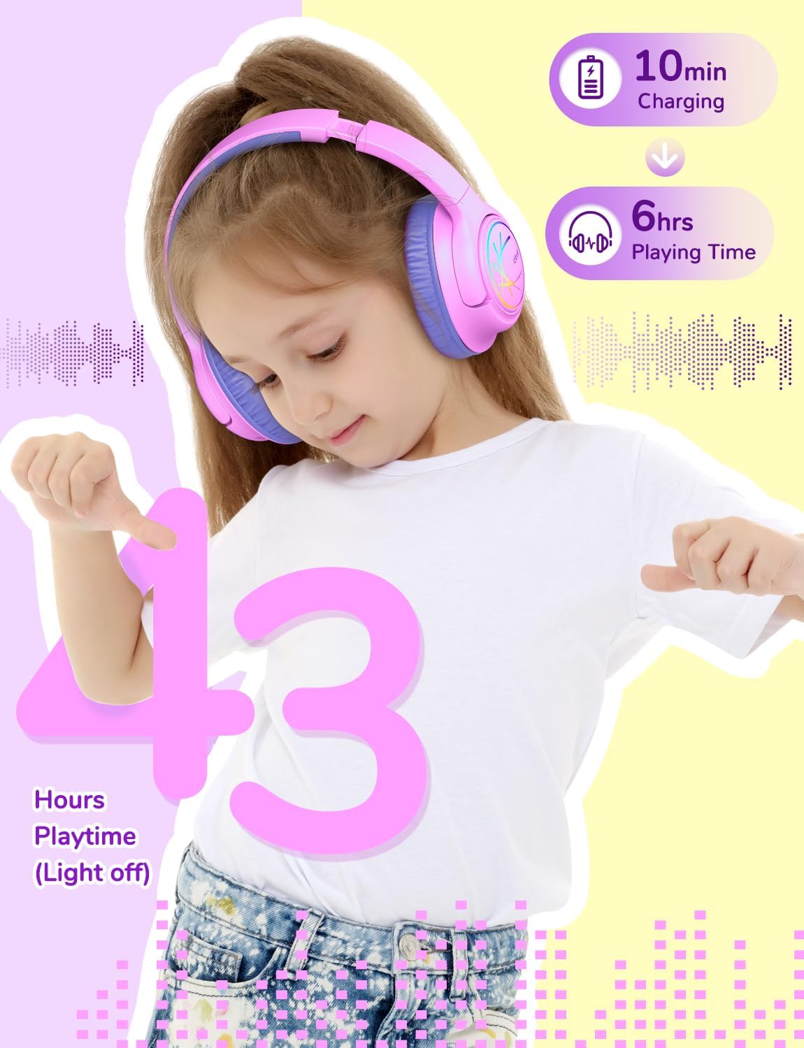 Thumbnail 3 de iClever Bluetooth-Kinderkopfhörer mit LED-Licht, 74/85 dBA Lautstärkebegrenzung & 43 Std. Spielzeit (Type-C, AUX) – Rosa lila