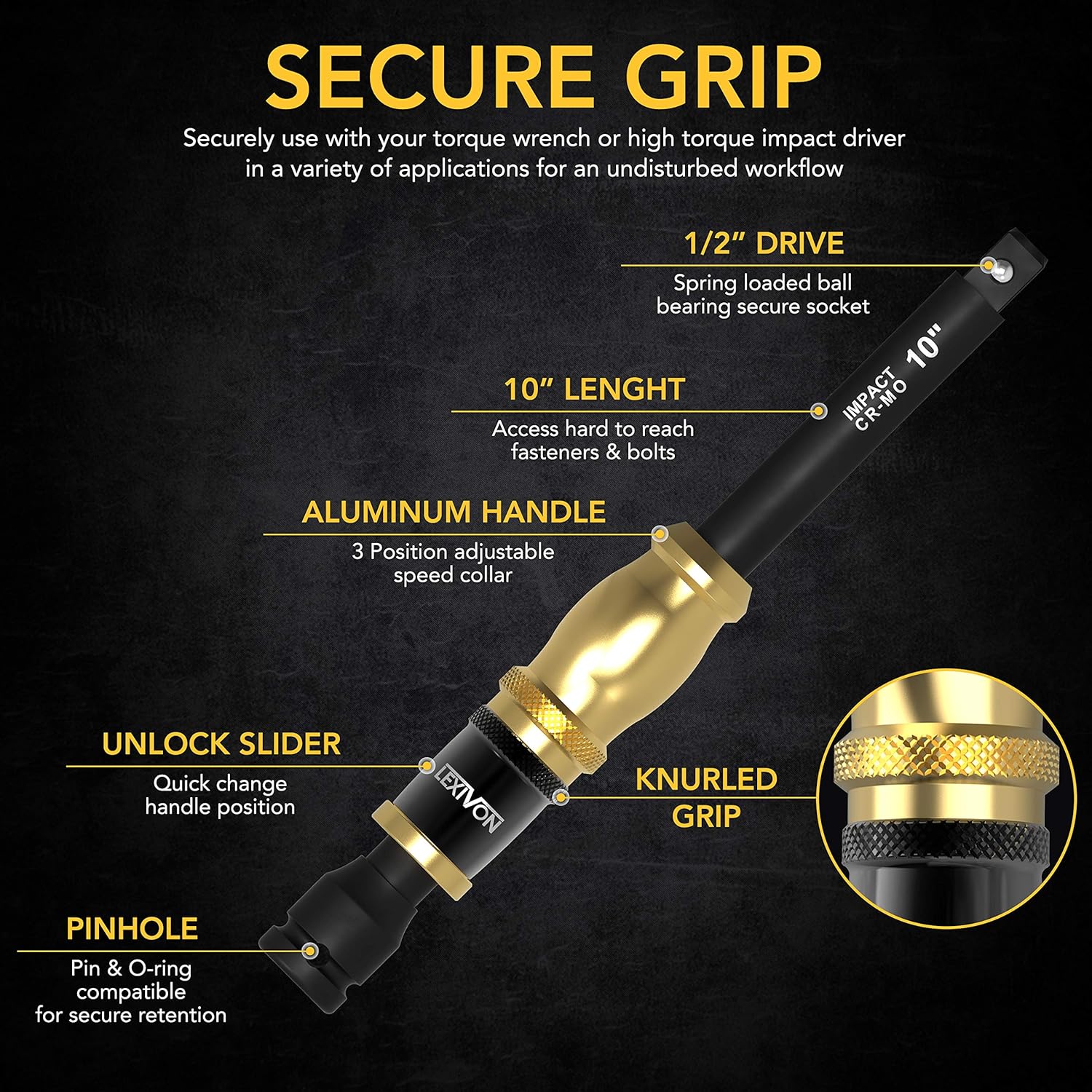 Detalle de LEXIVON 1/2" Impact Extension Bar 10" (LX-116) with Spinning Handle Grip & 3-Position Collar