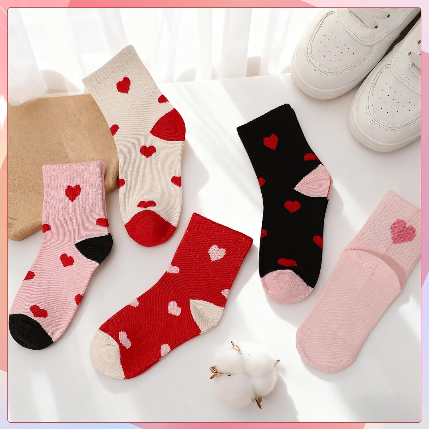 Thumbnail 6 de Zuimei 5 Pairs Girls Cotton Crew Socks with Heart Pattern – 9-12 Years